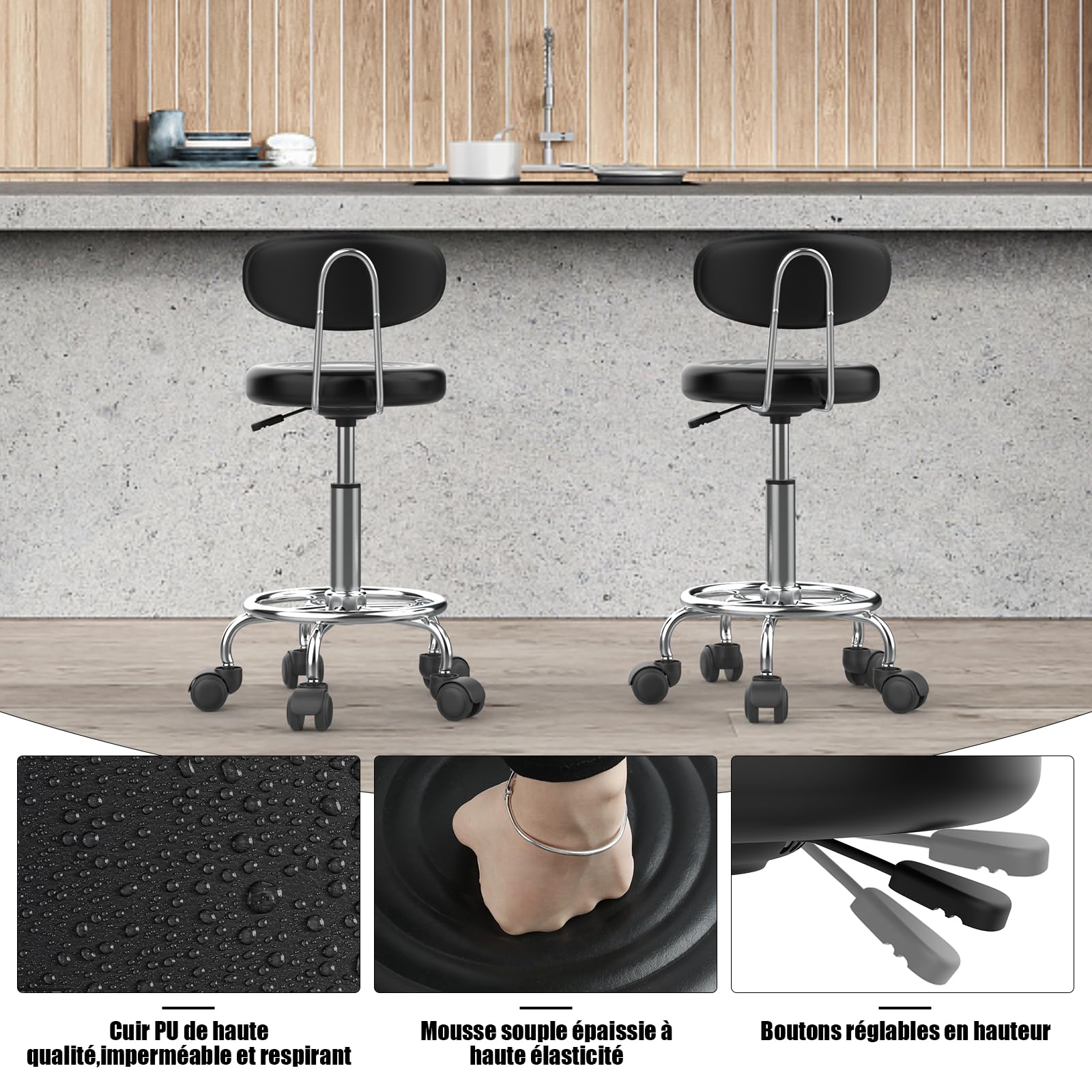 PIPIPOXER Lot de 2 Tabourets de Bureau avec Dossier, Pivotant 360°, Réglable en Hauteur 47-61,5 cm, Ergonomique, Noir