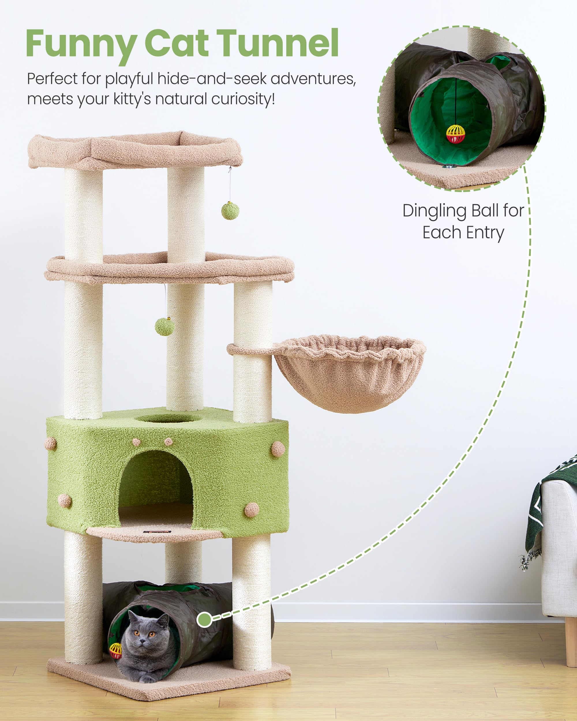 Heavy Duty Cat Tree for Large Cats Adult - 60 Inch XXL Sturdy Cat Tower Condo with Extra Wide Scratching Posts (&phi;4.4in) Big Cat House Hammock Perch - Indoor Wood Modern Multi Level Corner Cat Bed - image 5