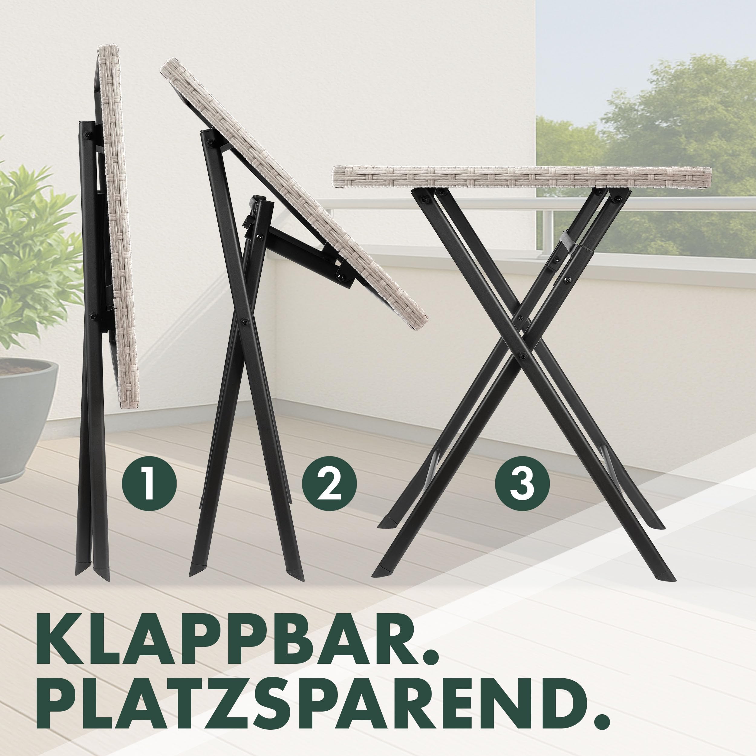 BRUBAKER Mesa de Jardín Lugano - Mesa de Balcón 58 x 58 cm Impermeable - Mesa Auxiliar Plegable de Poliratán y Metal - Mesa de Camping Cuadrada para Balcón, Terraza - Mesa Bistro - Gris Beige