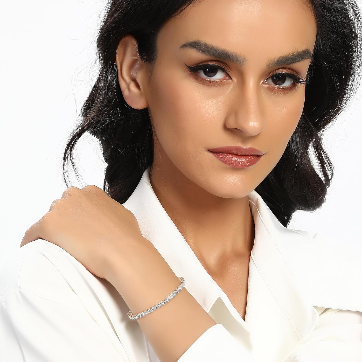 MDFUN 18K White Gold Plated Round-Cut Full CZ Link Bracelet Classic Hypoallergenic Cubic Zirconia Tennis Bracelet for Women - Image 8