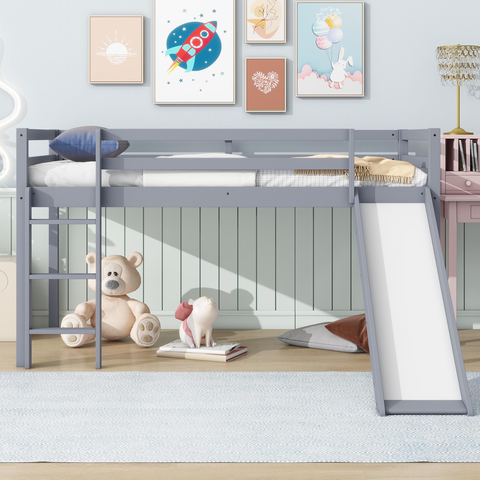Multifunctional Design Solid Wood Twin Kids Loft Bed with Slide for Boys & Girls Bedroom (Gray)