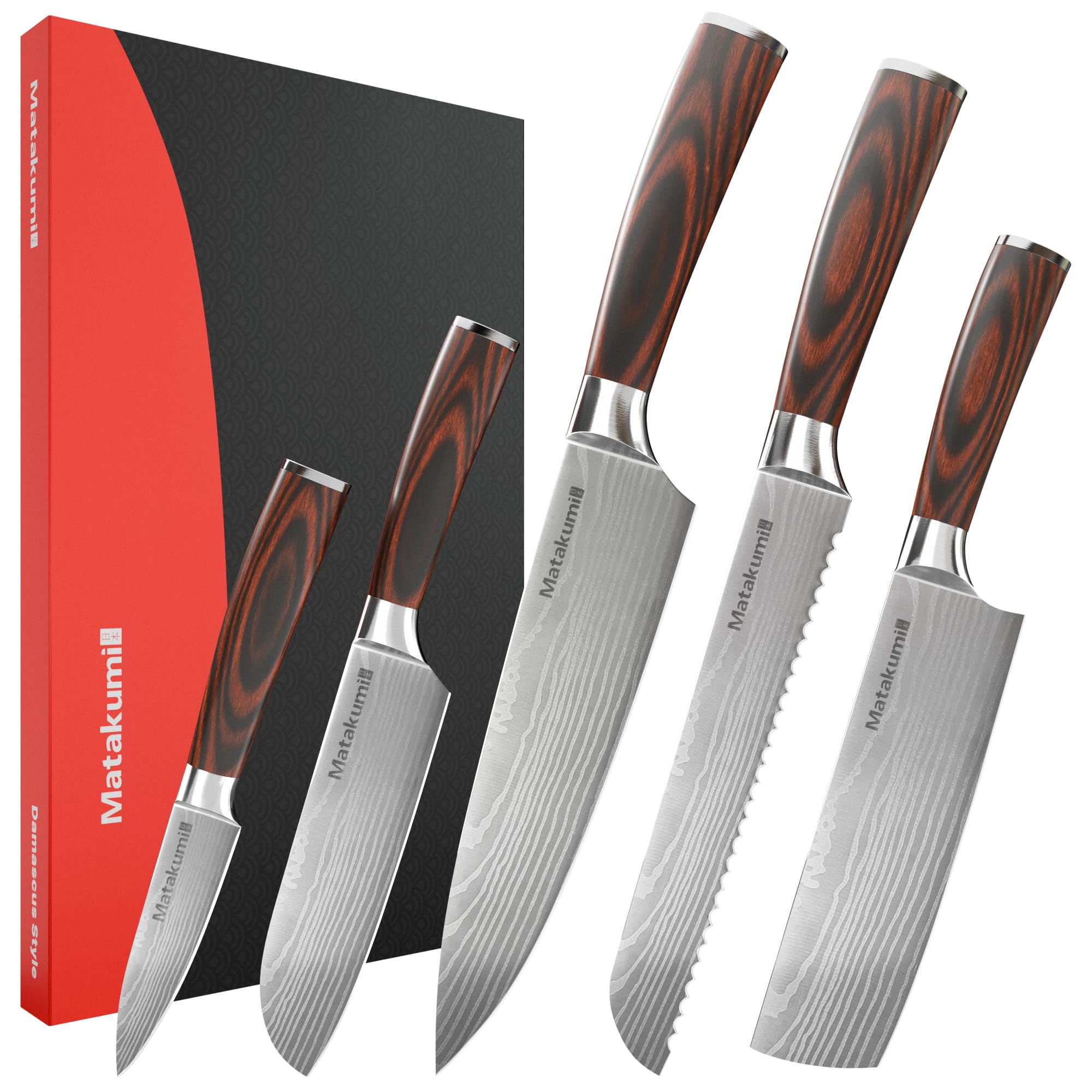 Matakumi juego de cuchillos de cocina con diseño damasco grabado, hojas afiladas de acero al carbono con mangos ergonómicos para uso duradero, juego de 5 piezas set de cuchillos de cocina profesional