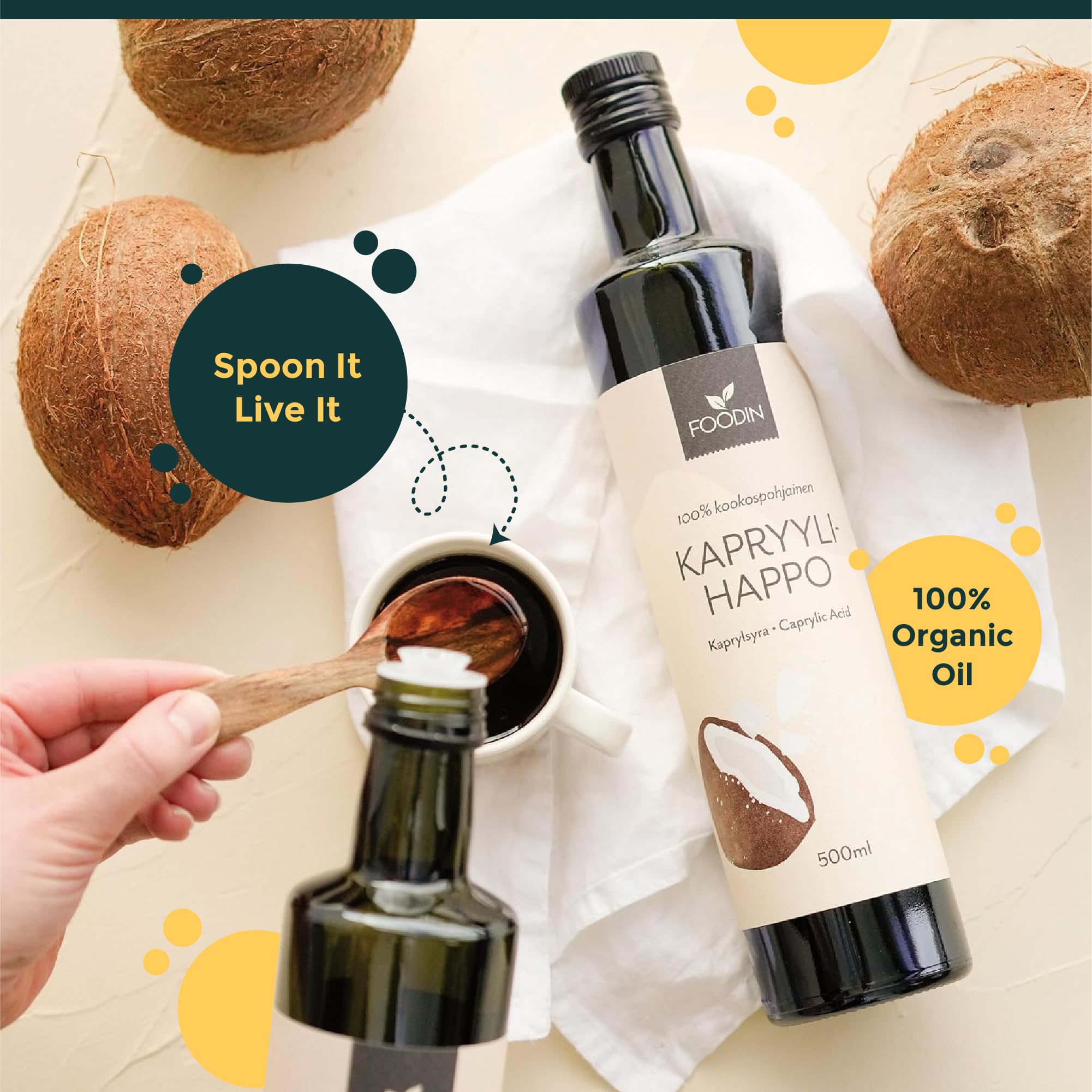 FOODIN Olej MCT C8, 1000ml Olej kokosowy, Najlepszy dla diety ketogenicznej, Olej MCT Ketony do picia, 3x więcej ketonów (100% C8), Olej kokosowy płynny i bezsmakowy (2x500ml)