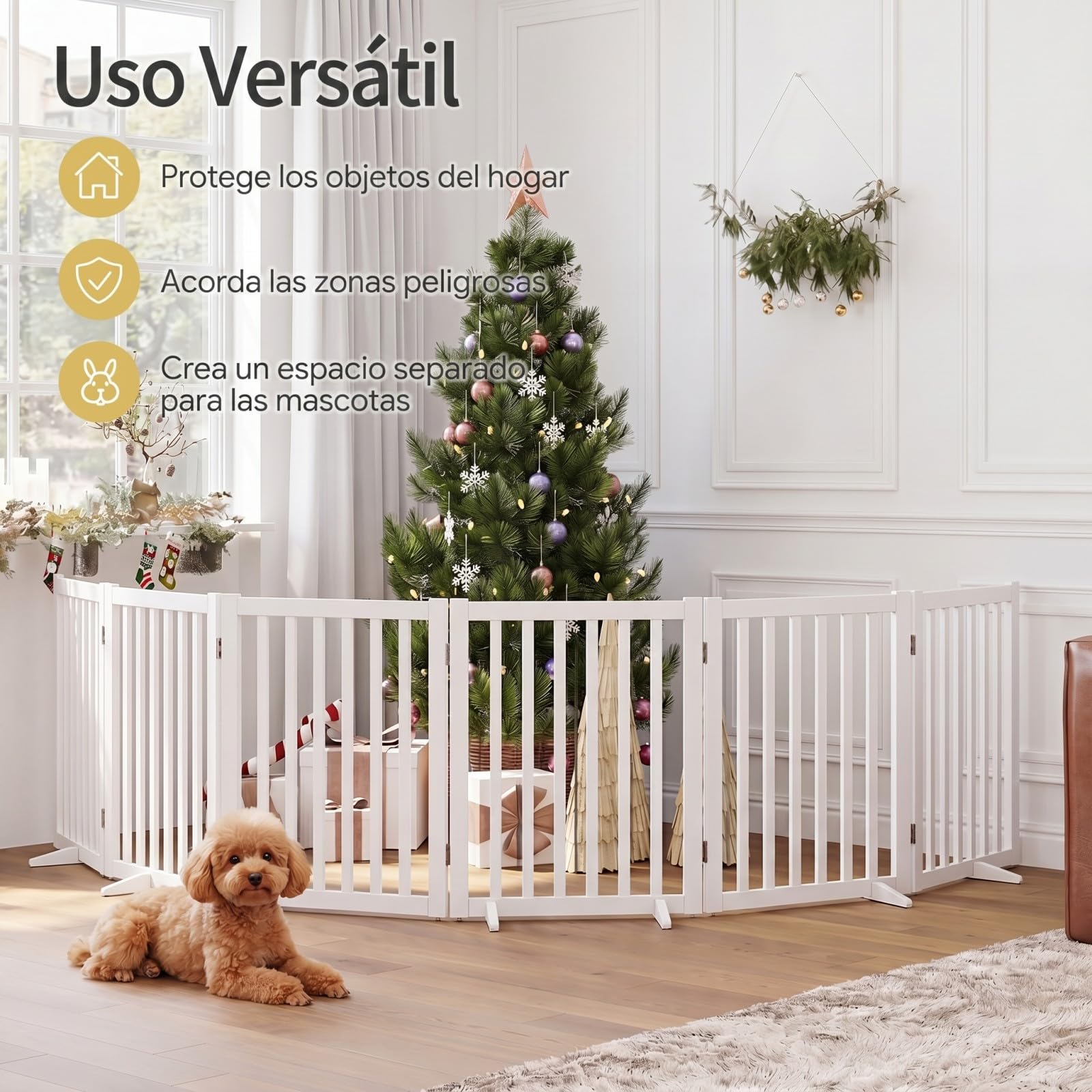 COSTWAY Barrera de Seguridad para Perros Plegable, Puerta para Perros de 6 Paneles de Madera con Patas de Apoyo, sin Montaje, Vallas de Seguridad para Interior Escaleras Pasillo, 306 x 61 cm