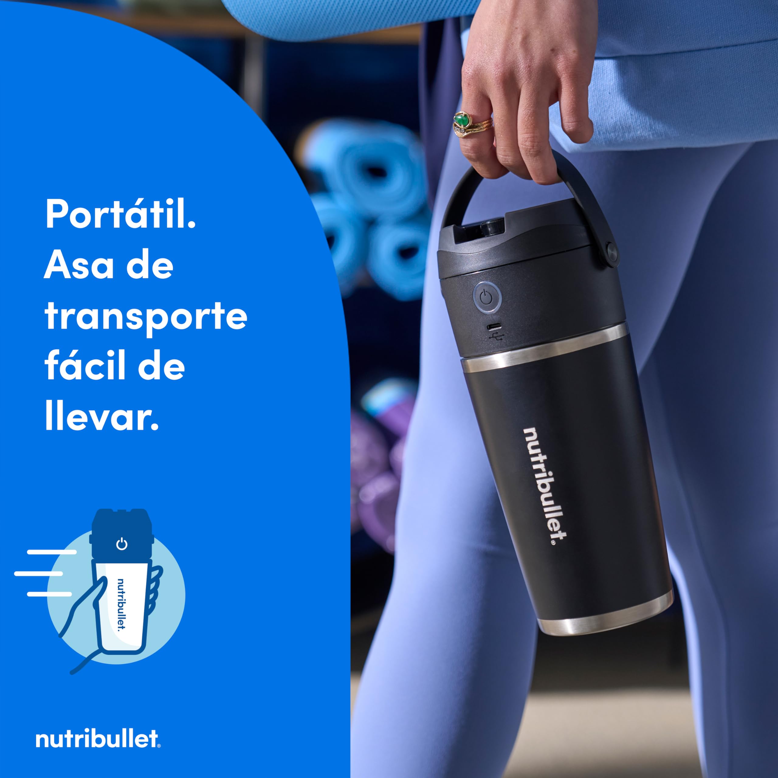 nutribullet Flip NBP016B, Licuadora Portátil con Vaso Termo de 590ml, Conserva el Frío 24h, Tritura Hielo, Incluye Tapa y Pajita, Carga USB-C, Acero Inoxidable, Negro