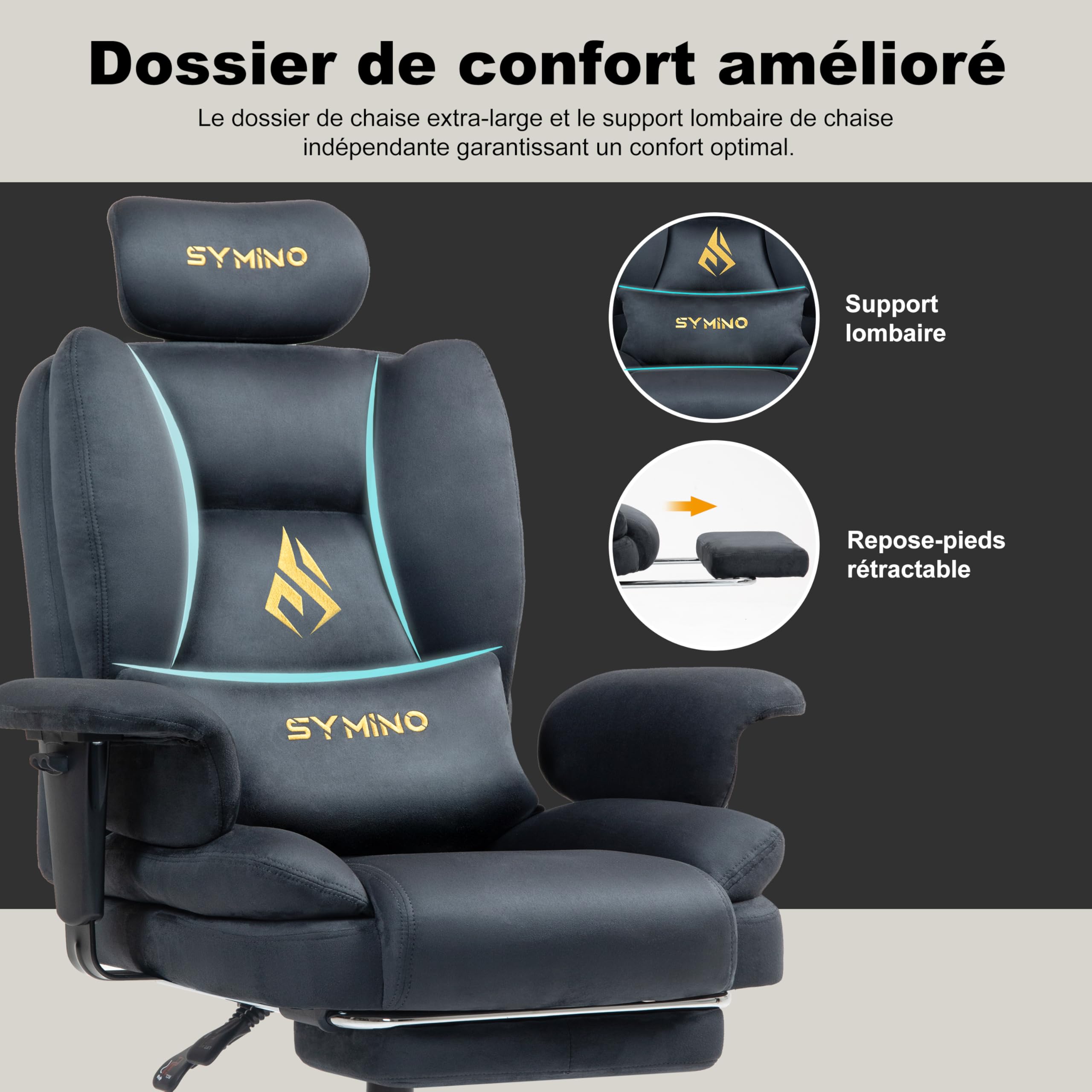 Symino Chaise de Bureau Ergonomique Fauteuil avec Repose-Pieds - Siège en Imitation Daim Gris - Réglable Hauteur et Accoudoirs - Capacité 130kg