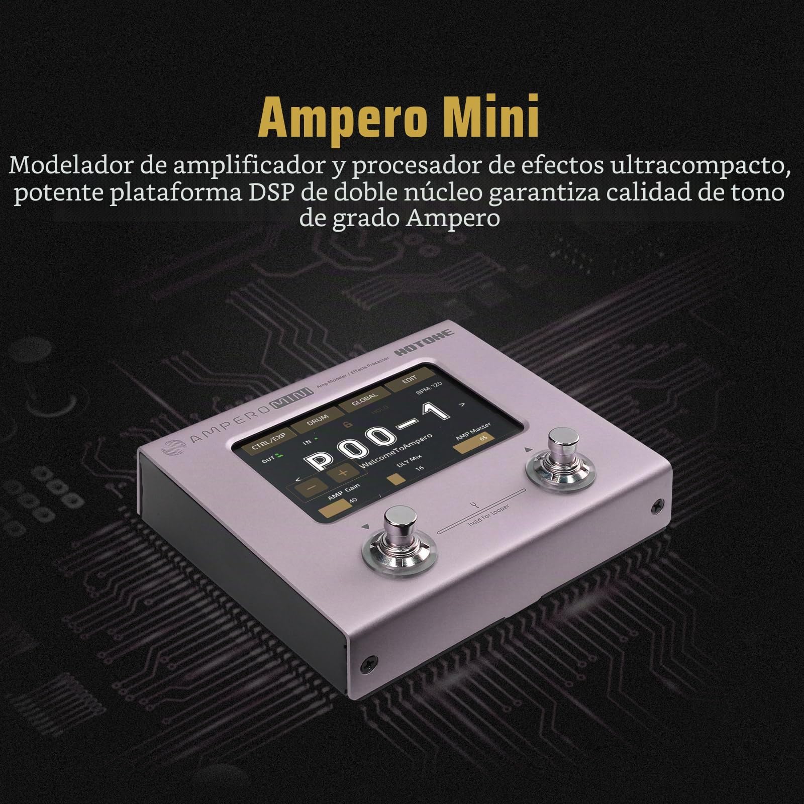 Hotone Guitar Bass Procesador Multi-Efectos Pantalla Táctil Guitar Bass Amp Modeling IR Cabinets Simulación Stereo OTG USB Audio Interface Multi Language Ampero Mini (Purple Taro)