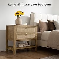 Vista 9 de SICOTAS Night Stands Set of 2 for Bedroom, Large Bedside Tables with Drawer & Open Shelf, Wide Boho Rattan Nightstand Set Narrow Side Table for