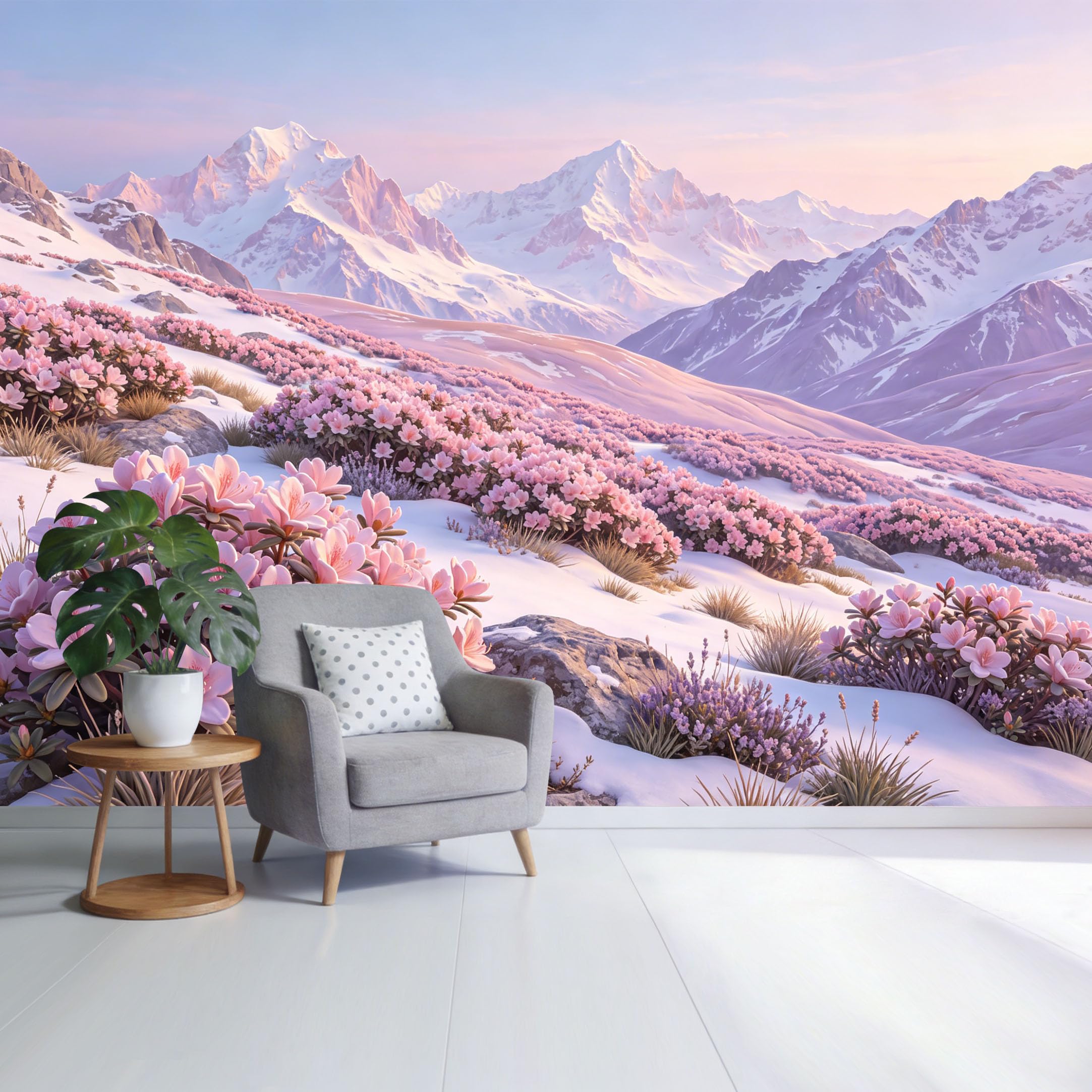 Custom Size Wall Mural Pink Alpine Blossom Mountain Landscape Sunrise Pastel Snow Scene SelfAdhesive Wall Fabric Removable Wallpaper for Home Office Decor