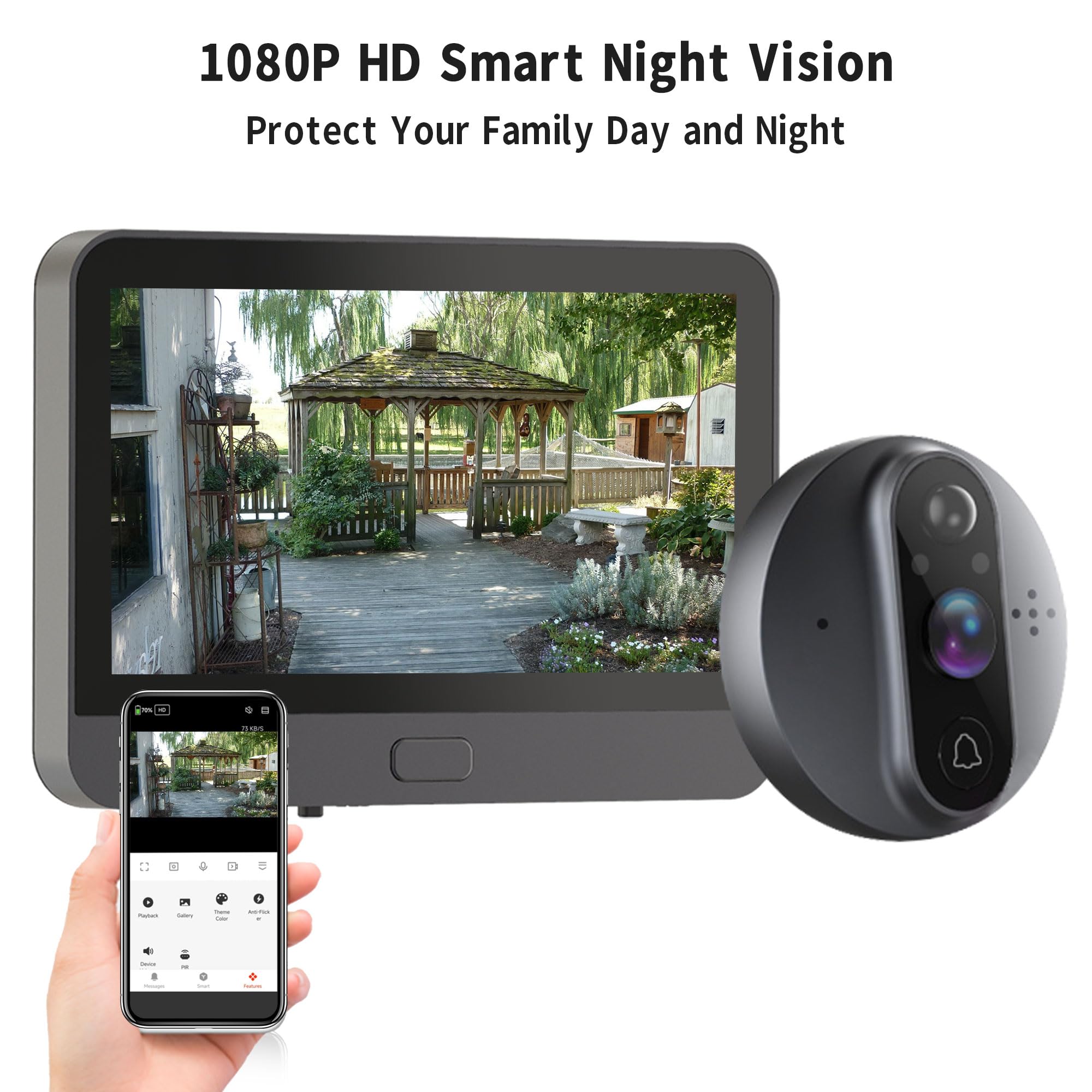 Videocitofono WiFi per appartamento, telecamera spioncino con display LCD da 4,3", 1080p, grandangolo 120°, visione notturna, rilevamento del movimento, audio a 2 vie, spioncino digitale,