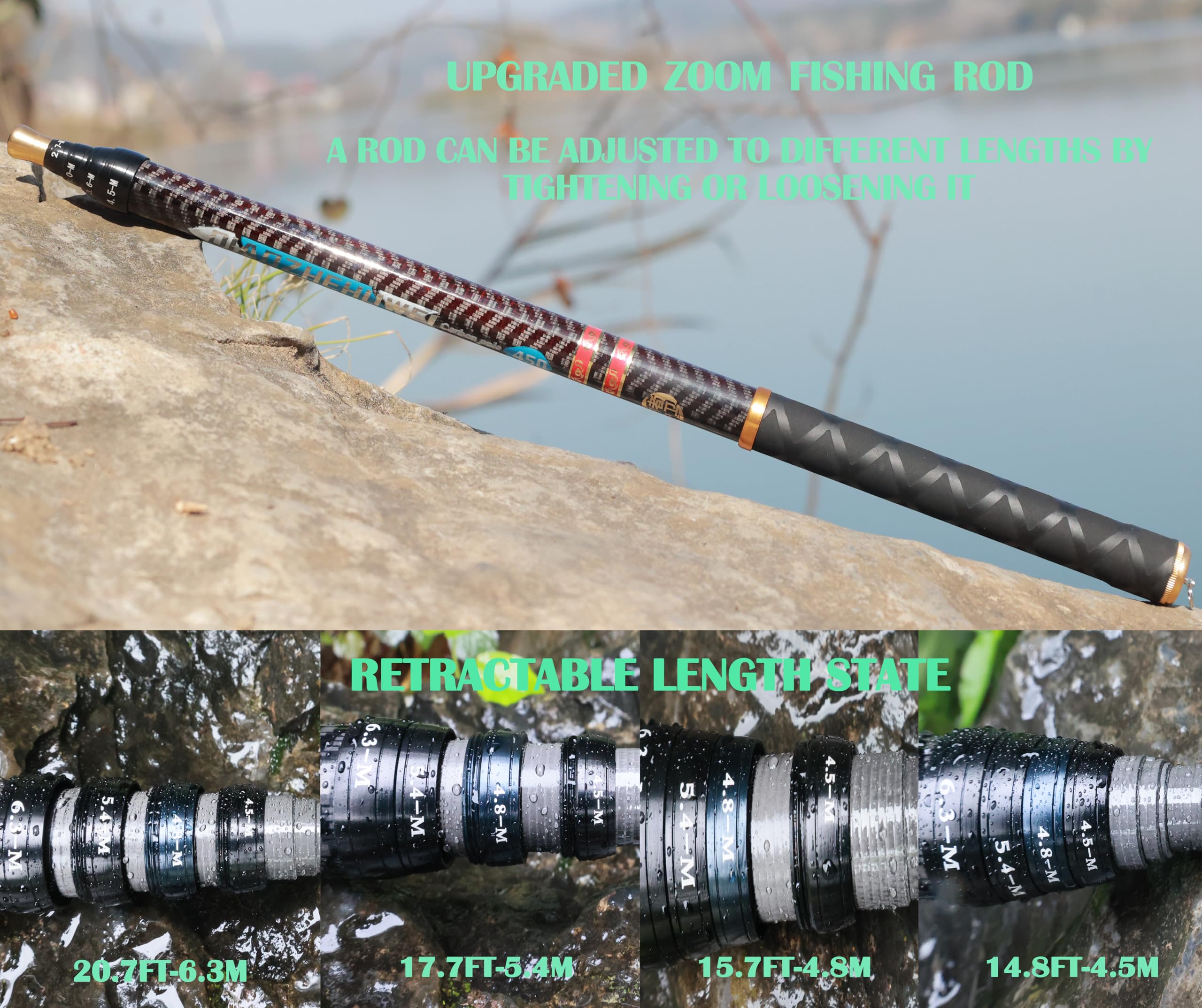 Carbon Fiber Tenkara Rod Fishing Rod 1:9 Action-Lightweight Collapsible Bass Crappie Floating Telescopic Rod 20.7FT with Zoom Rod Ultralight Small Hand Rod (Tenkara Rod kit, 14.8ft-4.5m)