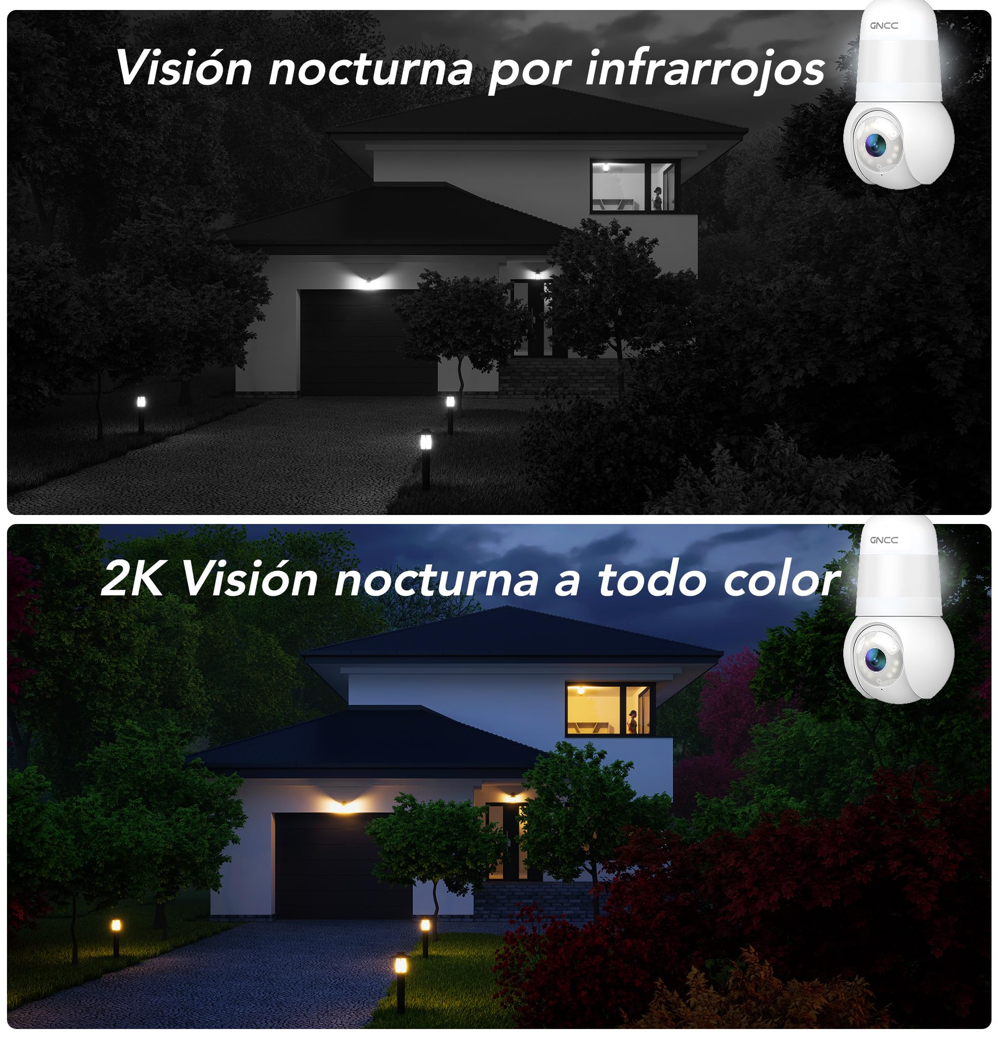 GNCC 2PCS Cámara Bombilla Vigilancia WiFi Interior/Exterior, 355° PTZ Cámara Bombilla E26/E27, 2K Visión Nocturna en Color, AI Detección, Compatible Alexa, Suscripción a la Nube/SD Card, 2.4Ghz WiFi