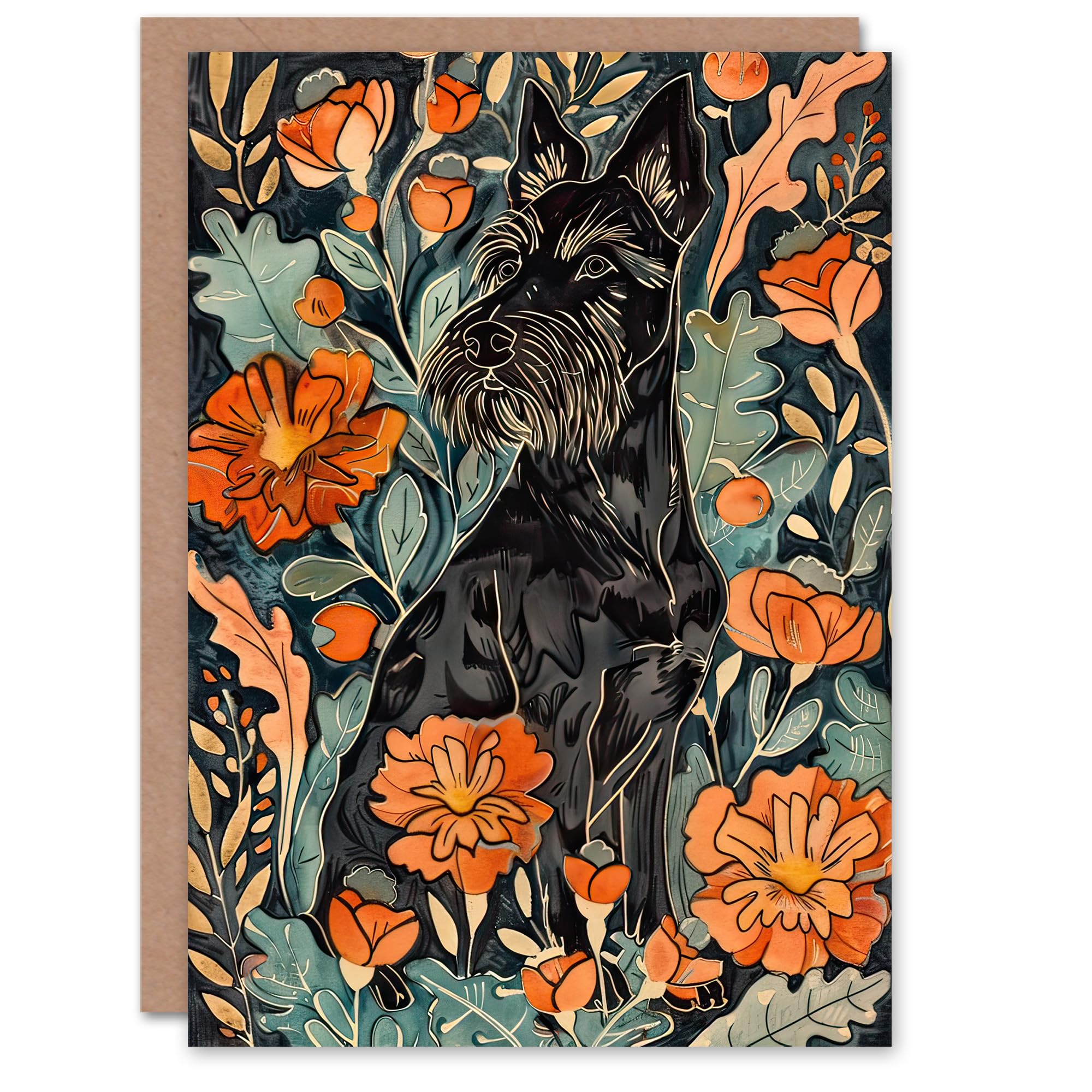 Artery8 Greeting Card Stylised Scottish Terrier Dog with Peony Flowers Blank For Him Or Her Art Birthday Card