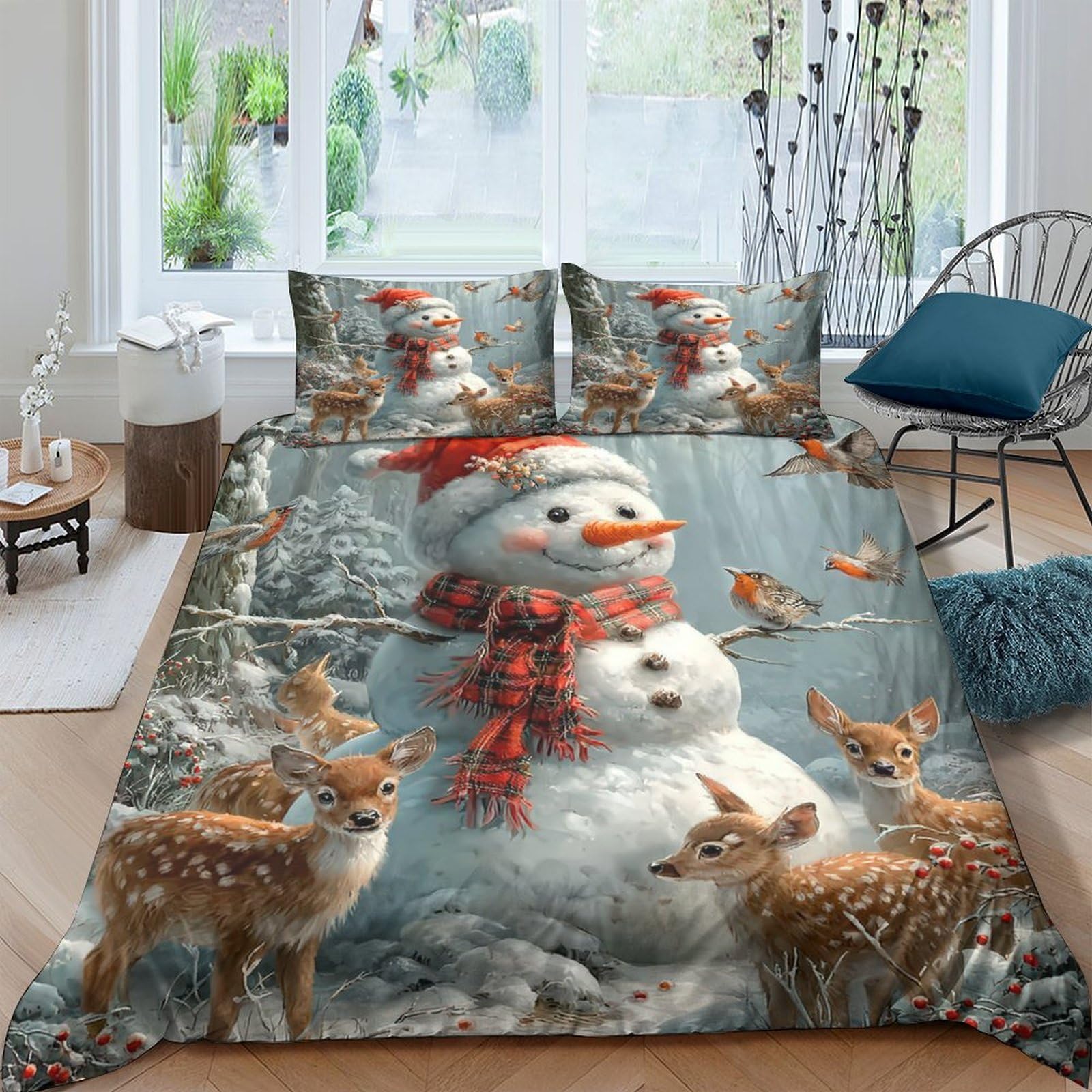 Ctjqhvkz Style-9 3D Printed Snowman Forest Fitted Sheet Microfiber Soft Winter Deer Bed Cover For Bedroom Guest Room Decor Single（135X200cm）