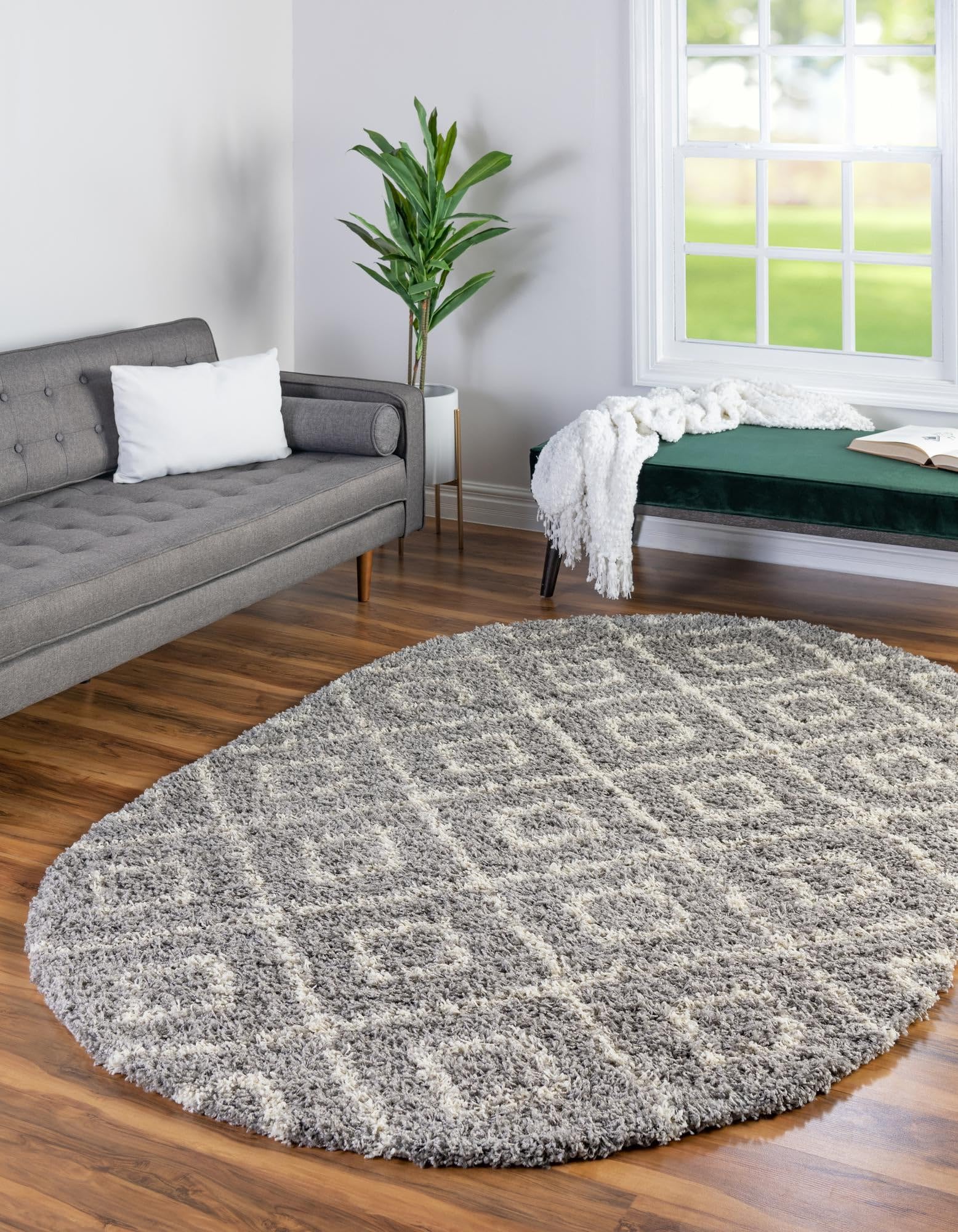 Rugs.com Lattice Shag Collection Rug – 4x6 Oval Gray Shag-Pile Rug Perfect for Living Rooms, Large Dining Rooms, Open Floorplans