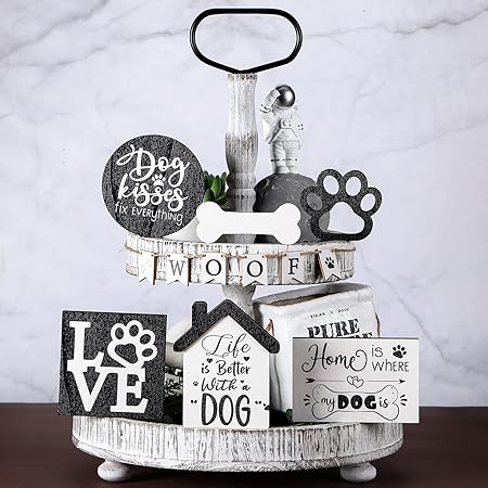 7 Pieces Dog Tiered Tray Decor Wooden Dog Decor Paw Bone Wood Decor Rustic Farm Decorations Mini Signs for Home Kitchen Window Table Housewarming Dog Mom Gift Idea