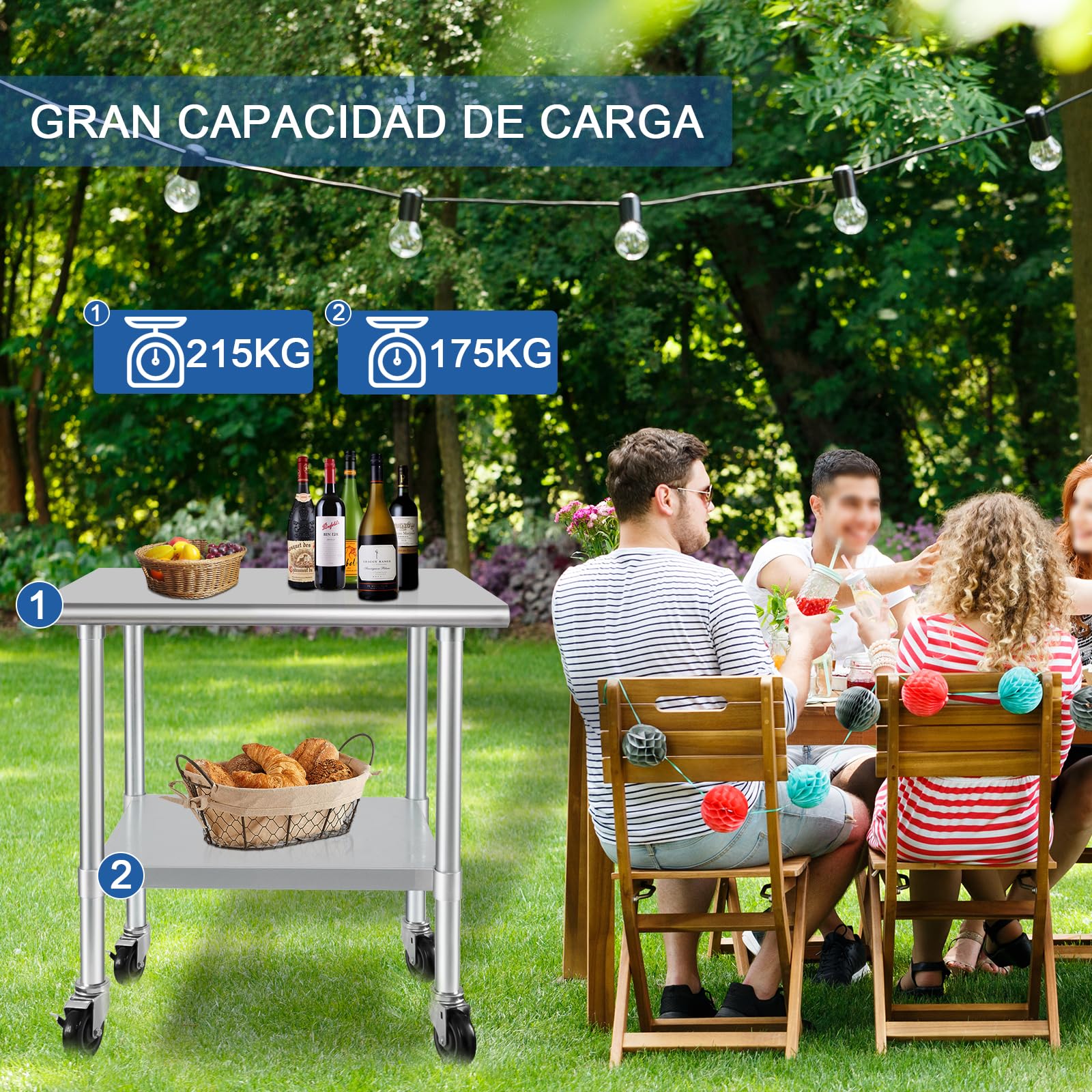 HARDURA Mesa de Acero Inoxidable con Ruedas 61×91cm Mesas de Preparación de Alimentos con Estante Bajo y Patas Galvanizadas para Restaurante, Cocina, Bar, Hotel, Garaje