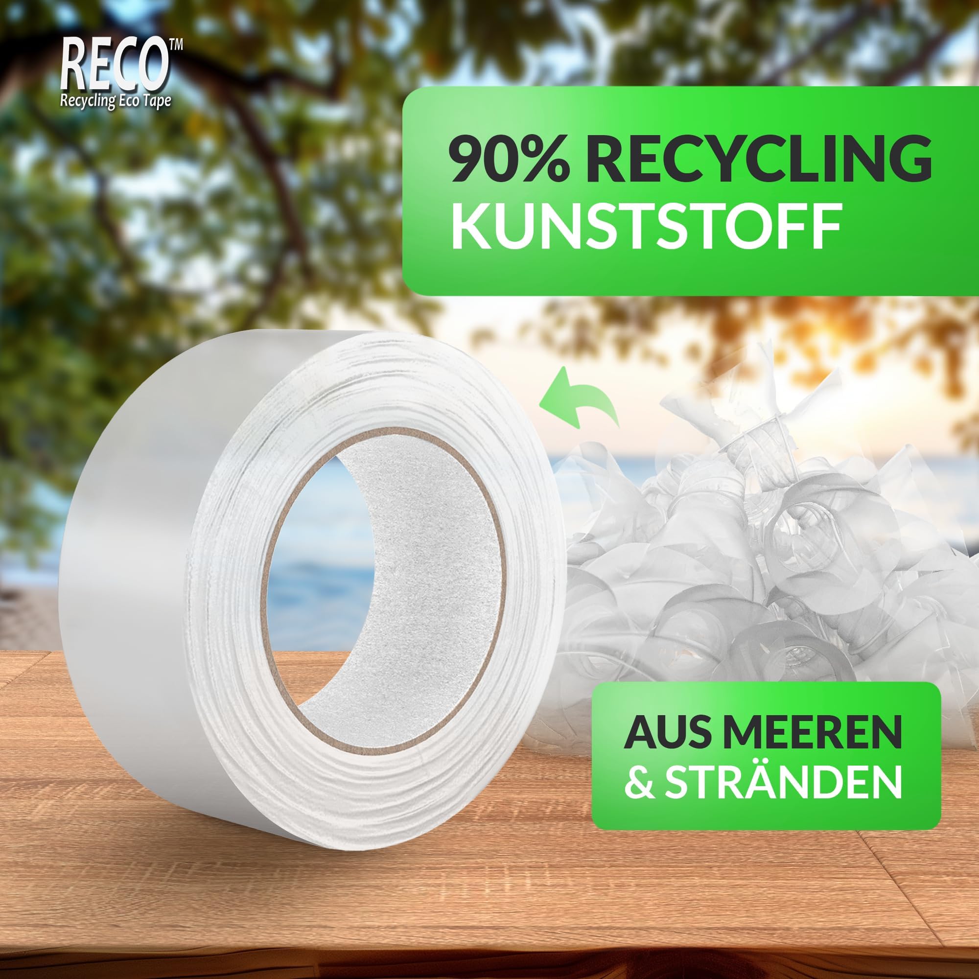 RECO Recycling Paketklebeband mit ECO Print - 36 Rollen x 75m Multipack Extralang - 50mm volle Breite | Transparentes Paketband | aus über 90% recyceltem Material, Universal Packband Klebeband