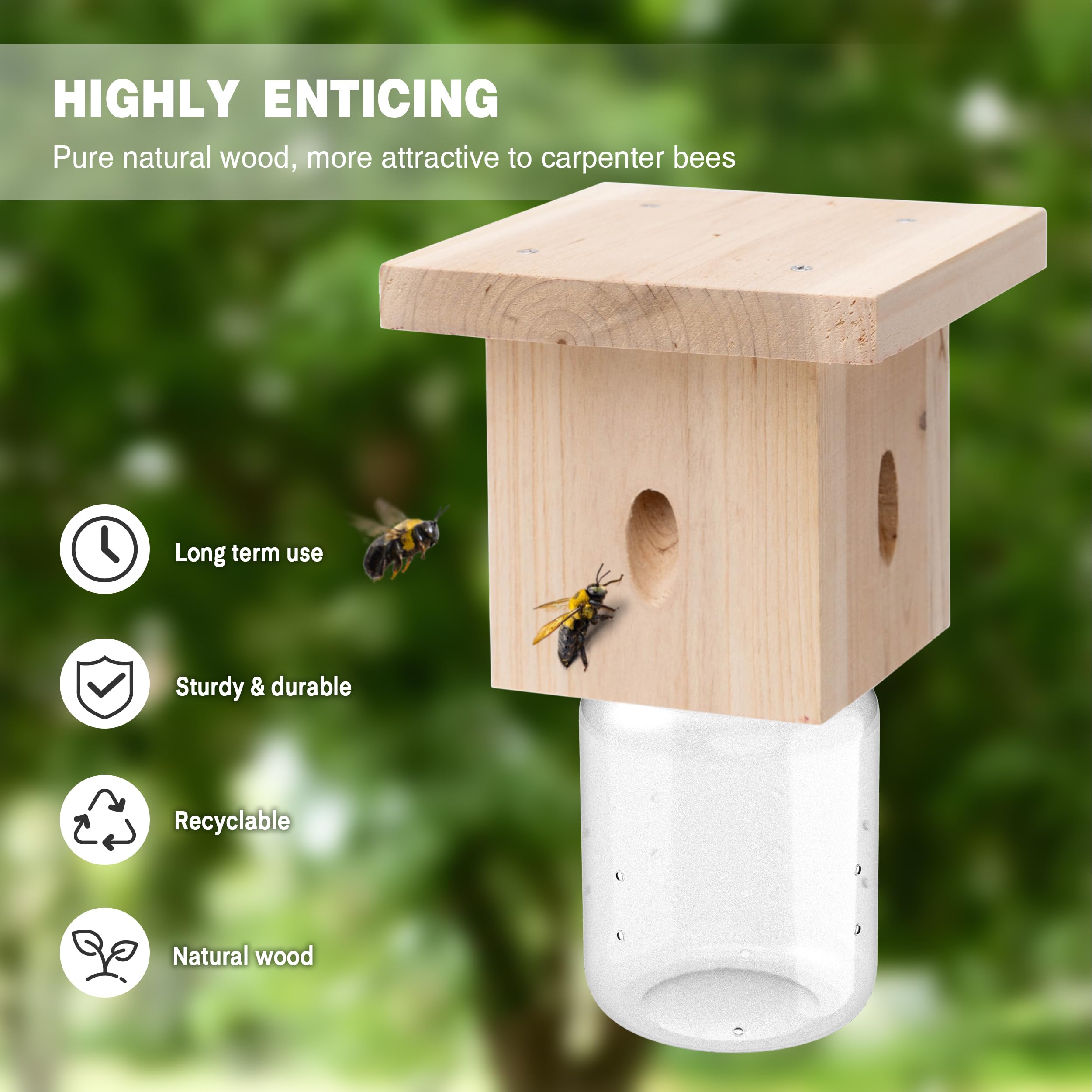 1 PCS Wood Carpenter Bee Trap for Outside - Best Bee Trap - Nature Hanging Carpenter Bee Traps Plastic Jar Outdoor - Insect Traps - 3