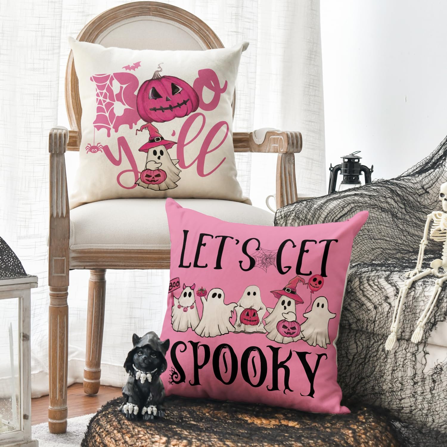 AVOIN colorlife Halloween Ghost Boo Y'all Car Pumpkin Throw Pillow Covers, 18 x 18 Inch Pink Let's Get Spooky Cushion Case Decoration for Sofa Couch Set of 4 image 4