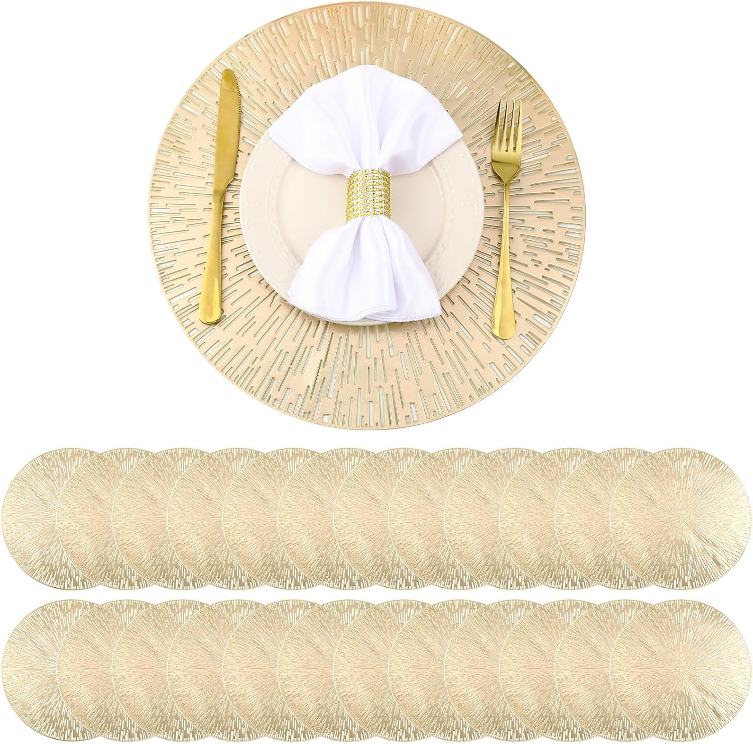 Sliner Set of 24 Gold Round Placemats 15'' Metallic Washable Vinyl Placemats Hollow