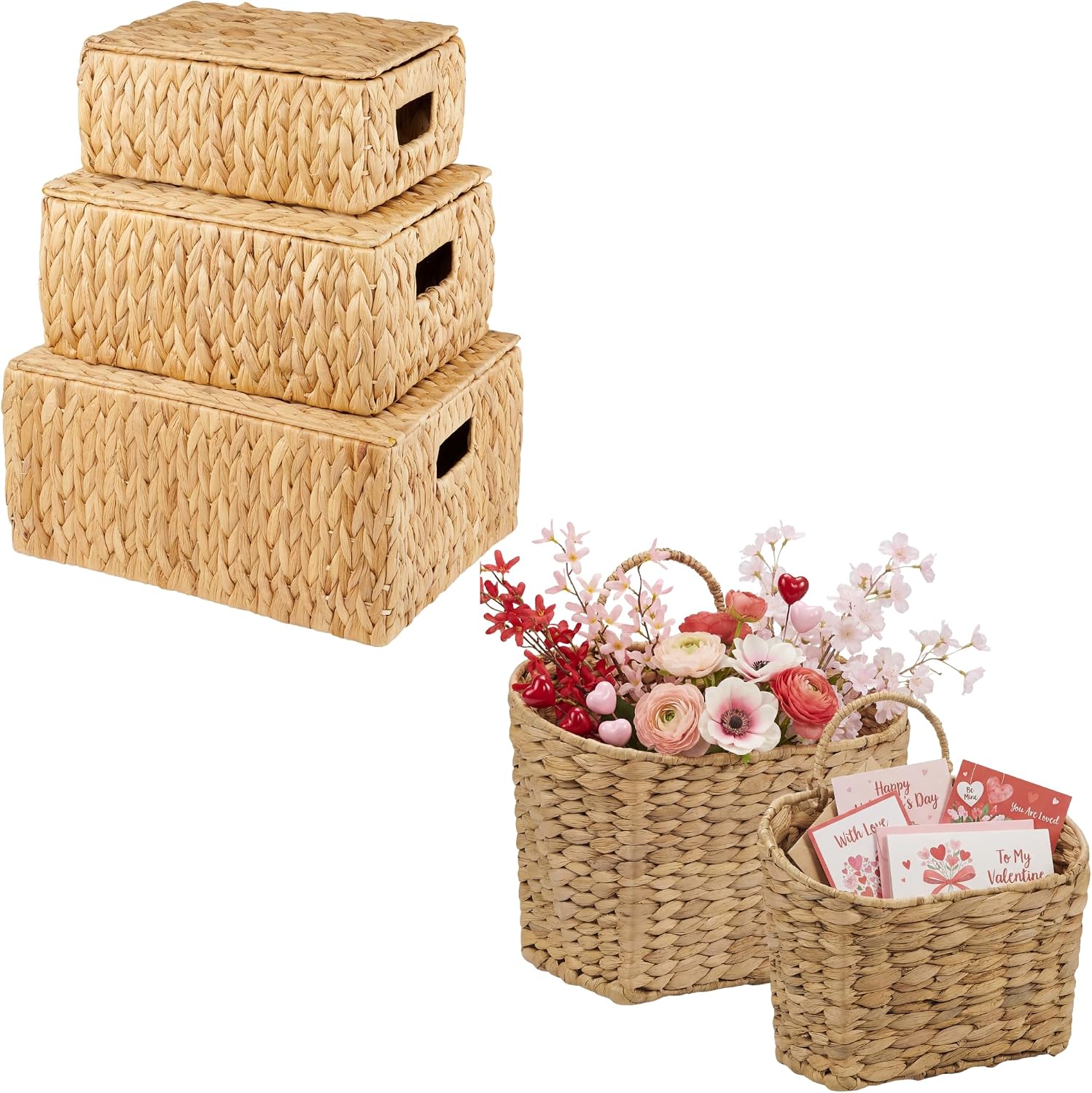 Set of 3 Wicker Baskets with Lids and Set of 2 Wicker Hanging Wall Baskets, Natural