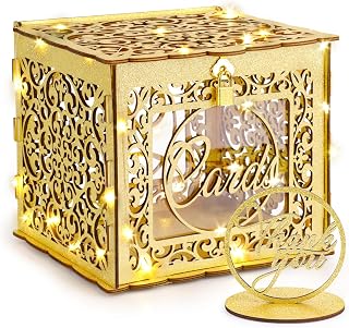 Gold Wedding Card Box with Lock and LED Fairy Lights, Wooden Gift Card Box Money Box Holder for Wedding Reception, Graduation Party, Bridal Shower, Keepsake Party Favor, Cosmetic Home Decoration