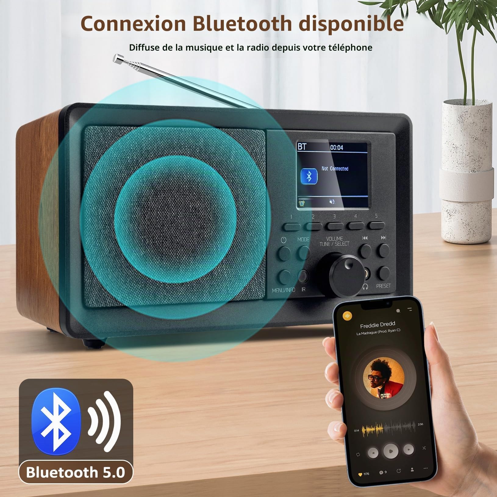Radio Dab, Dab Plus Numérique Rechargeable avec Bluetooth 5.0, FM Vintage Radio Cuisine ave ctelecommande écran LCD Couleur 2.4, Connexion MicroSD/TF/AUX，RéveilDouble, Minuterie de Veille bois