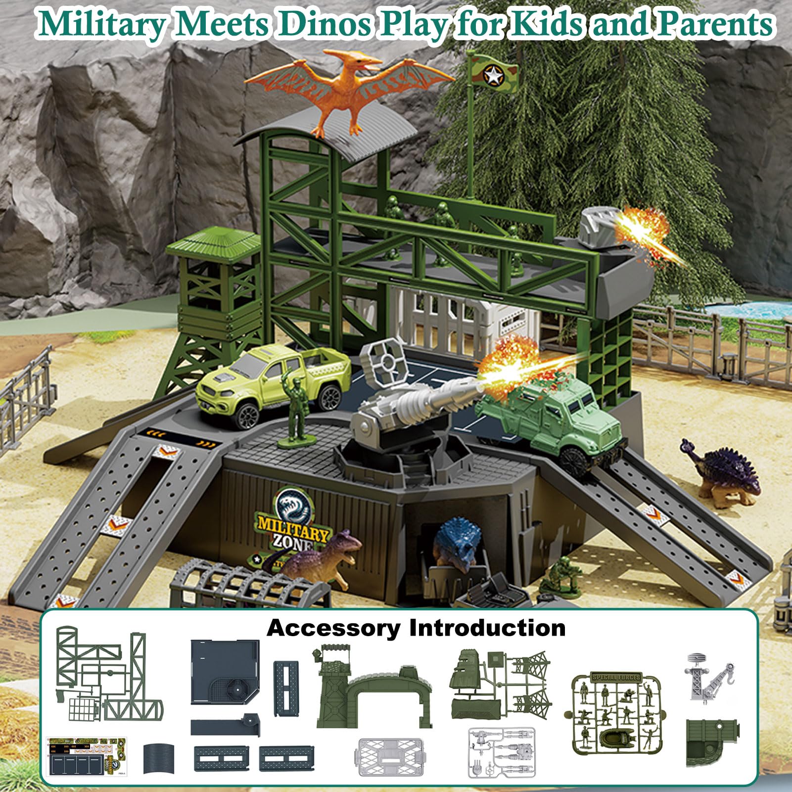 Juego de juguetes de base militar con vehículos y dinosaurio, incluye tapete de juego, avión, helicóptero, mini figuras de soldados, regalo de cumpleaños para niños a partir de 3 años 8