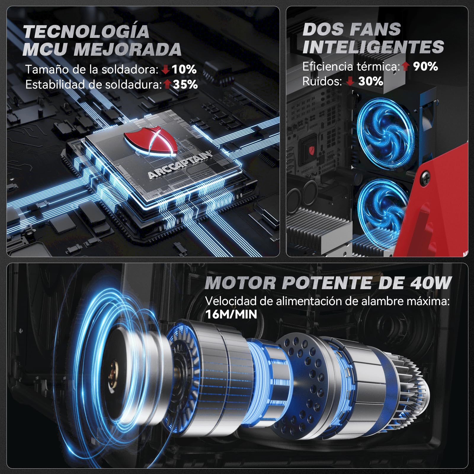 ARCCAPTAIN 205A Soldador Maquina de Soldar 6 en 1 con control APP iControl Sin Gas MIG/Gas MIG/MMA E-Hand/Lift TIG/Compatible con Spool Gun/Soldadura por puntos, Soldador Inverter IGBT 230V
