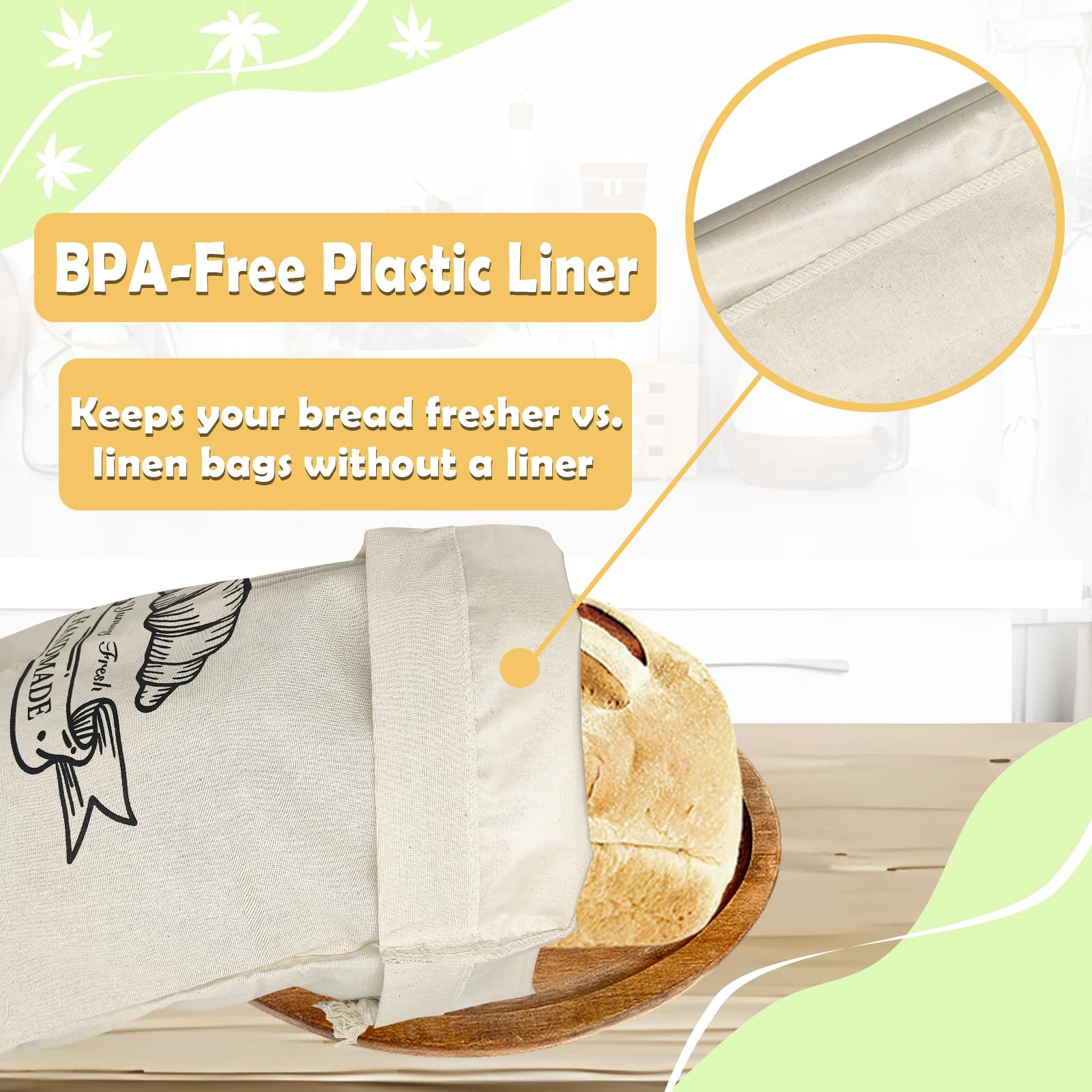 MQZAYZ Sourdough Linen Bread Bags for Homemade Reusable Bread Storage Container Bags Eco Plastic Lining 2 Pack Large (18x14 in)