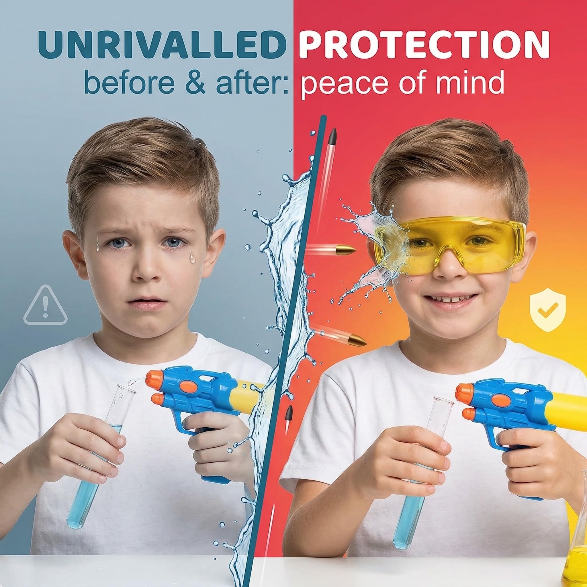 4 Pezzi Occhiali Protettivi per Bambini, Occhiali di Sicurezza Regolabili con Lenti Antiappannamento - Blu, Trasparente, Grigio, Giallo - Protezione Occhi per Esperimenti Scientifici e Giochi