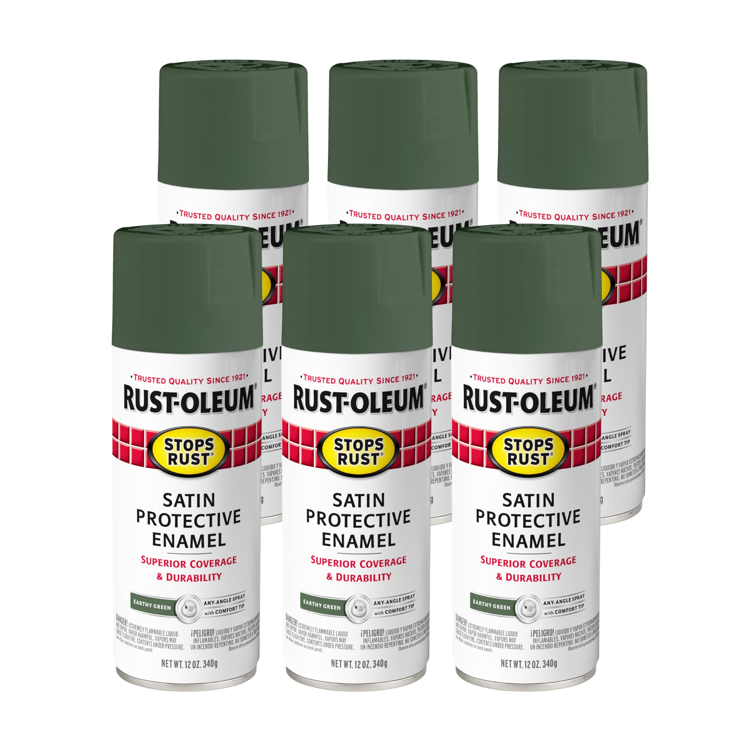 Rust-Oleum Stops Rust Spray Paint, Satin Earthy Green | Rust Resistant, Indoor and Outdoor, Beautiful Finish on Metal, Wood and More, Sprays from Any Angle, 12 oz, 6 Pack