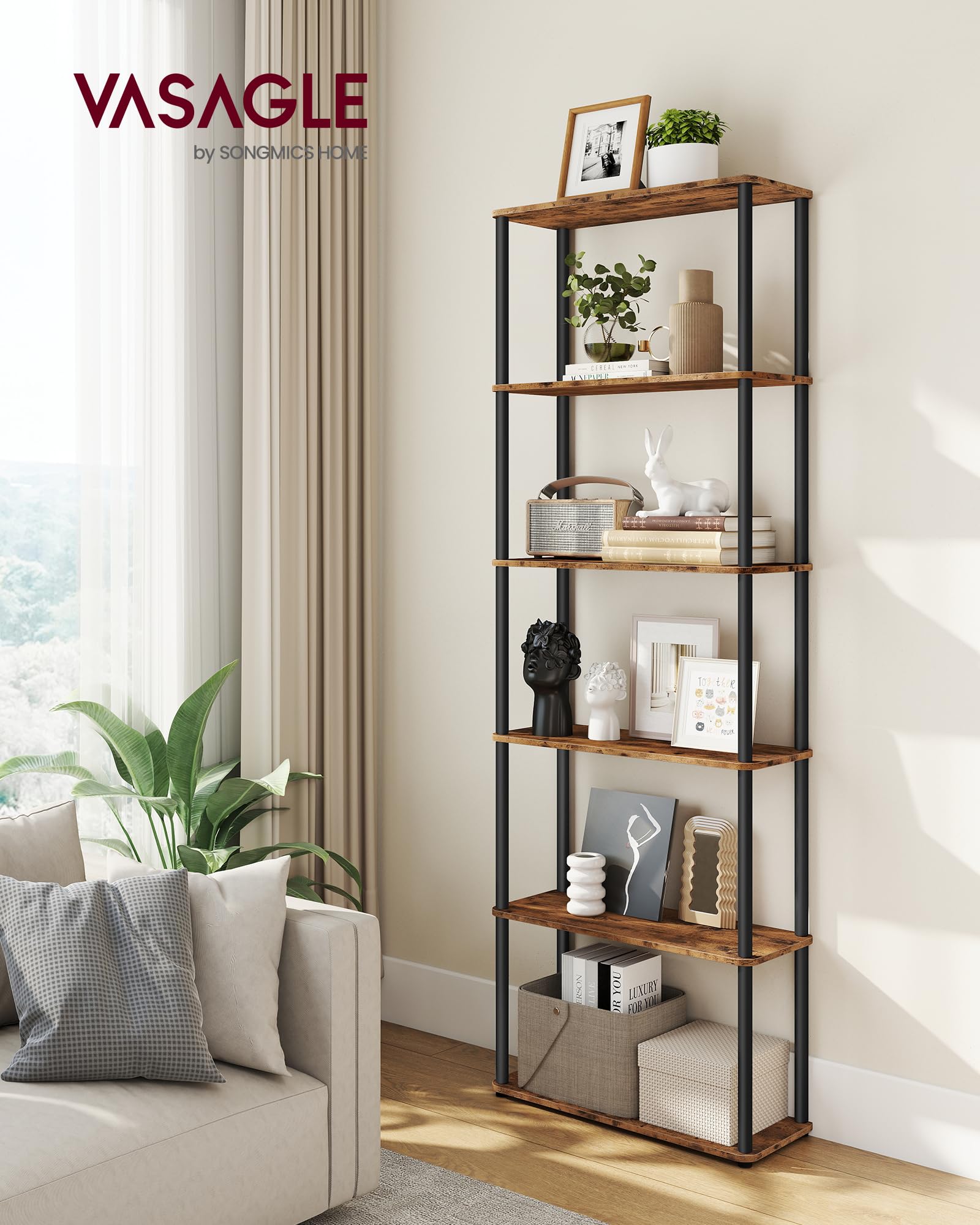 VASAGLE Bibliothèque, Étagère à 6 Niveaux, Assemblage Ultra-Rapide sans Outils, Étagère de Rangement, 23,8 x 60 x 173,4 cm, pour Salon, Chambre, Cuisine, Marron Rustique et Noir d’Encre LLS166K01