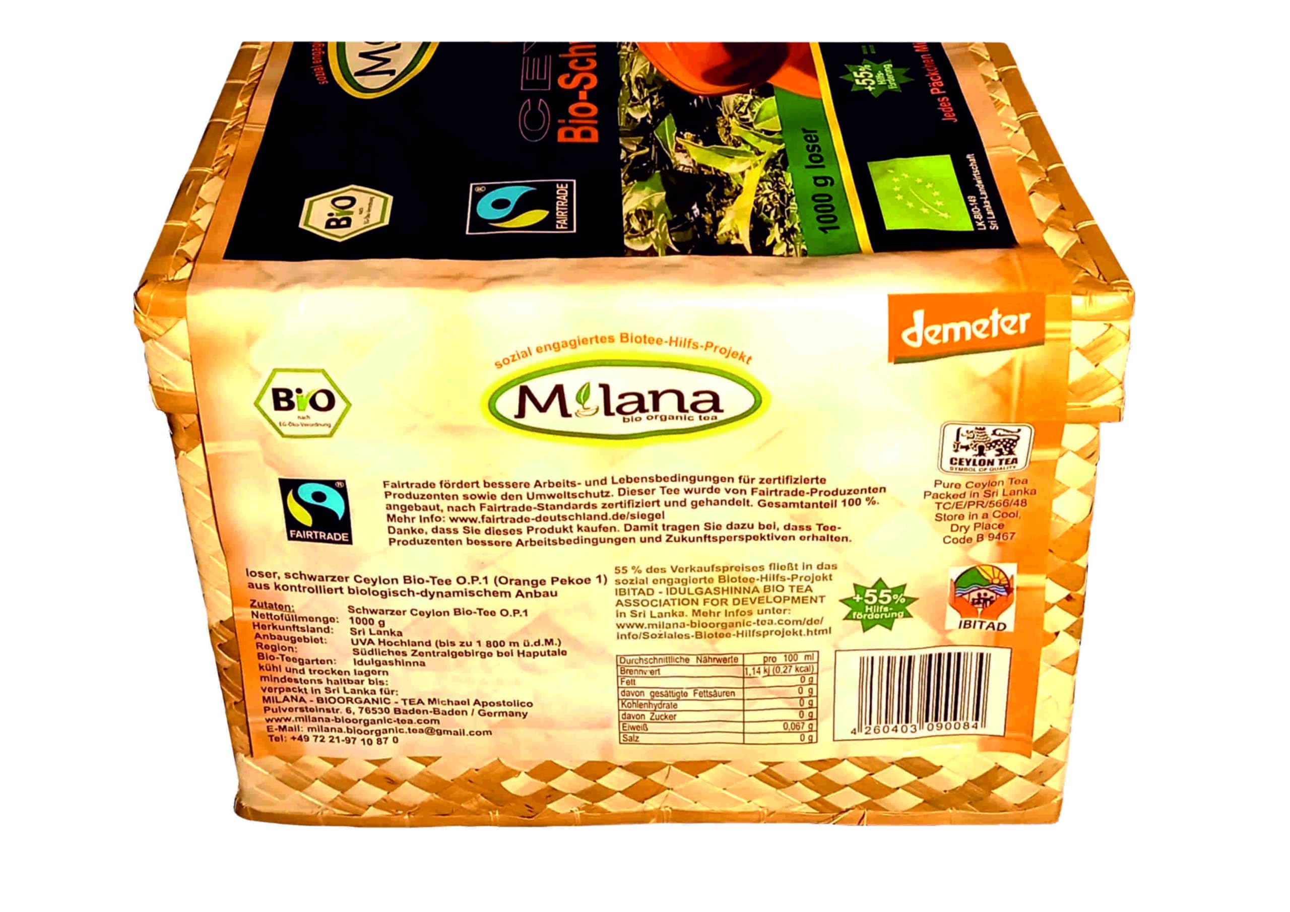 1 kg Milana CEYLON Fairtrade Demeter BIO-SCHWARZTEE LOSE OP1 Premium-Tee in HANDGEFLOCHTENEM TEEKÖRBCHEN 55% des Verkaufspreises ist SOZIALE HILFSLEISTUNG - Der Tee der nach Liebe schmeckt
