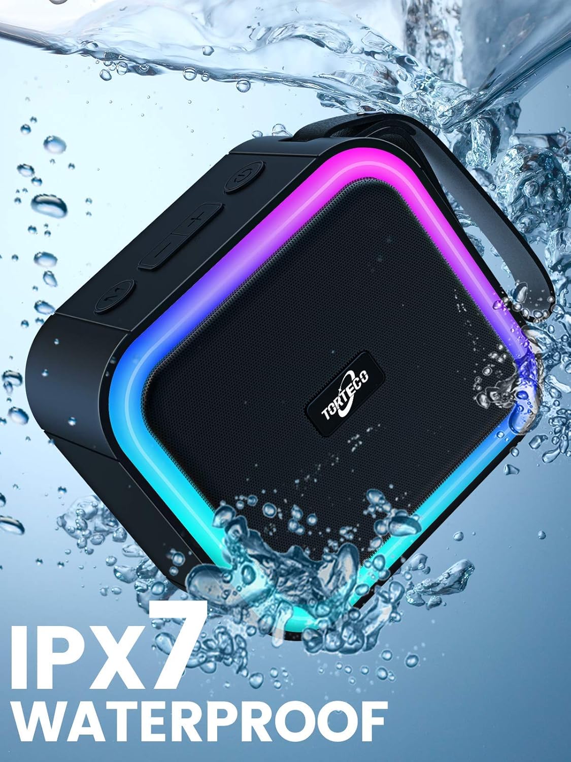 Torteco F50 speaker submerged in water, highlighting IPX7 waterproof rating
