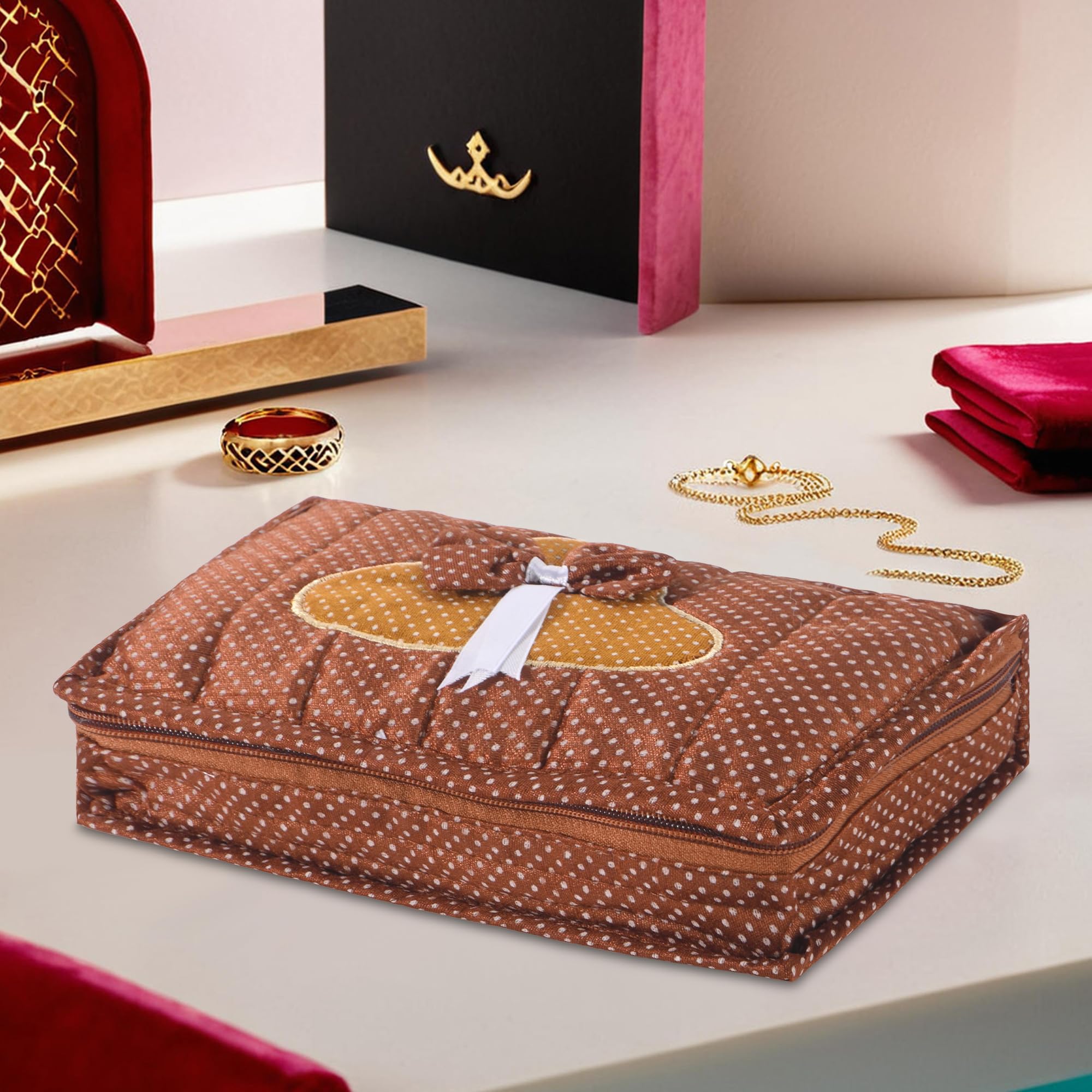 Kuber Industries Cotton Large Makeup Pouch Bag with 6 Compartments | Jewellery Organisers Pouch for Storage Earrings, Rings and Bracelets | Dot Bow Design - Brown