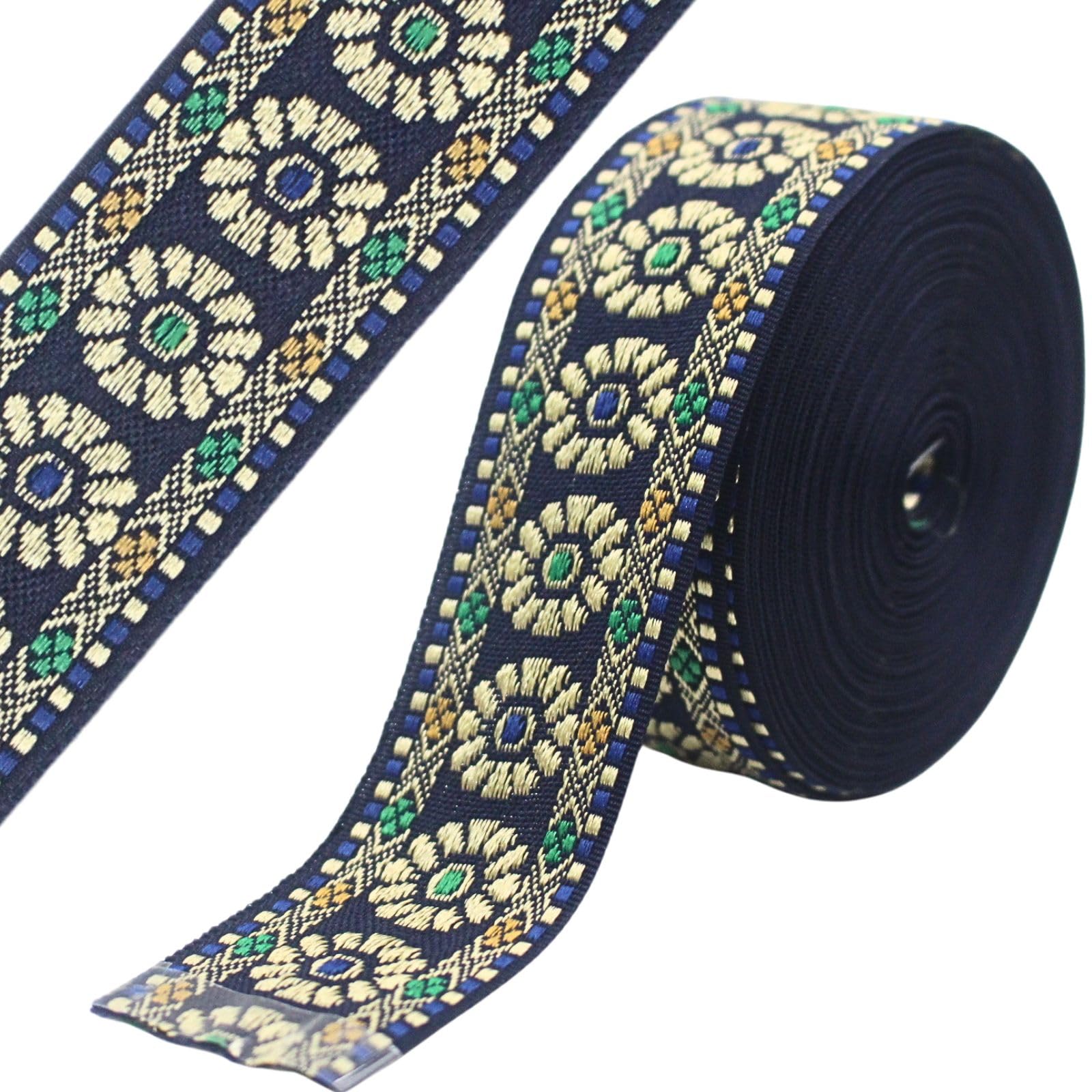 PEARLY JUN 7 Yards Navy Blue Jacquard Ribbon Embroidered Vintage Ethnic — image 1