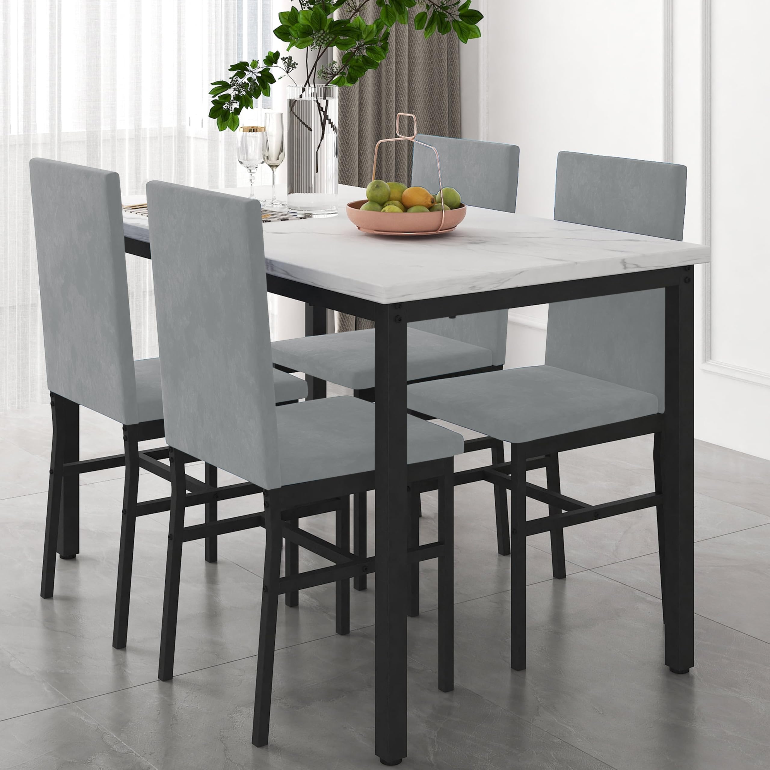 FURNITURE KI FACTORY-Dining Table Set Space Saving Kitchen Table and Chairs for & 4 Grey Velvet Chairs, Perfect for Dining Room,Kitchen, Breakfast Corner Small Spaces