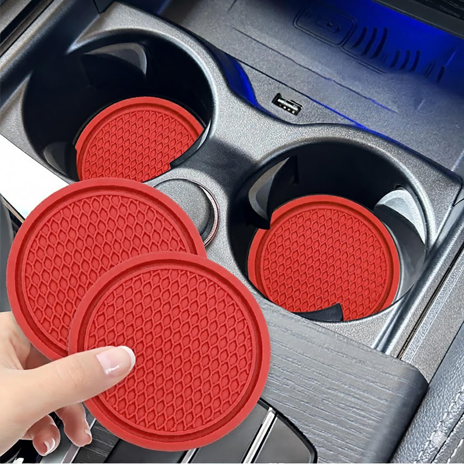 Car Cup Holder Coasters for Jeep Cherokee 1974-2022 XJ KK KL, 2 Pcs Silicone Cup Mat with Honeycomb Design, Anti-Slip and Shockproof, Noise Reduction, Interior Accessories,D-Red