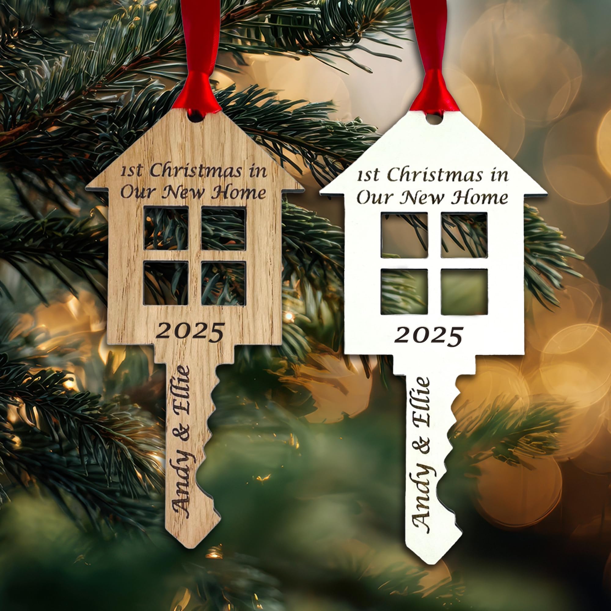 My Pretty Little Gifts Wooden Personalised Key Bauble First Christmas In New Home Shape Hanging Tree Decoration - Perfect Engraved 1St Xmas Gift For The First Home Buyers Ornament