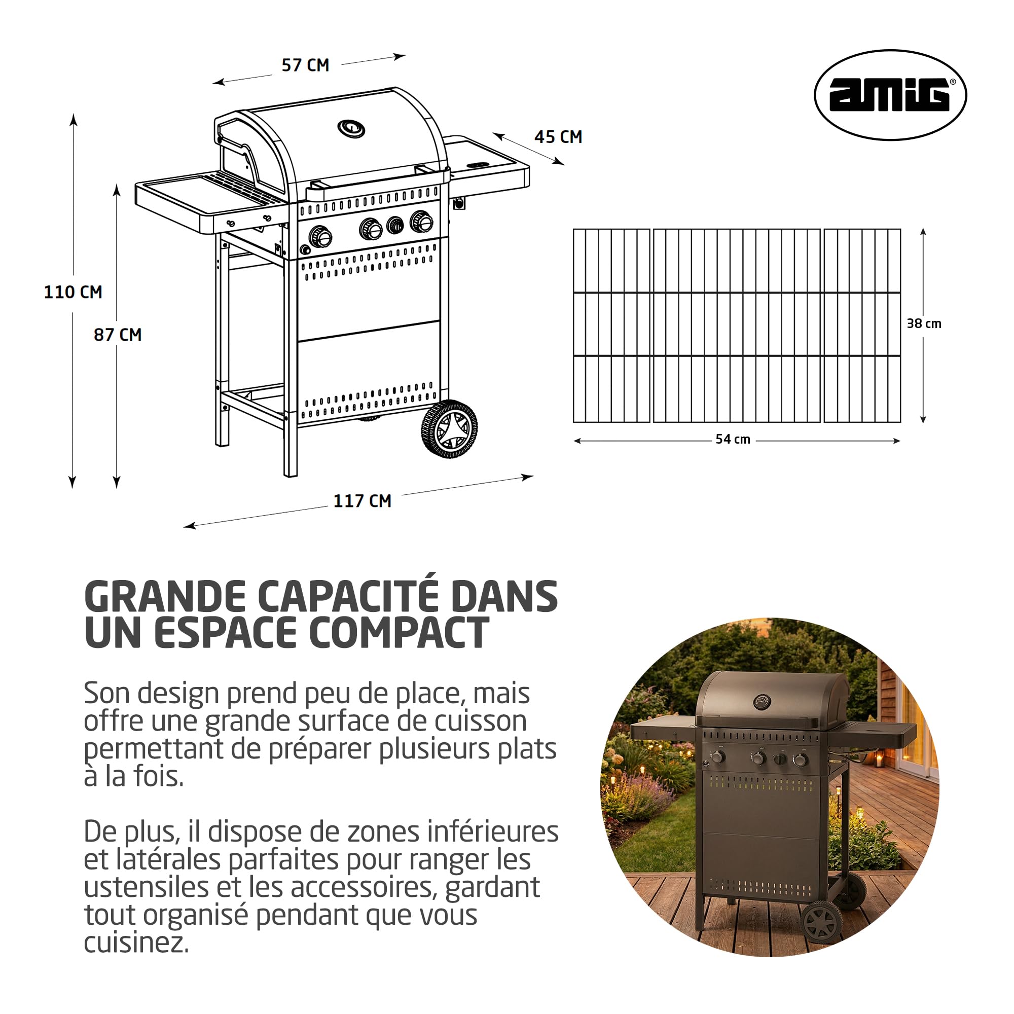 Amig - Barbecue à gaz IGNIS 3+1 (3 brûleurs + 1 latéral) - 117 x 55 x 110 cm - Surface de cuisson 54 x 38 cm - Avec thermomètre, tablettes latérales, roues et grille en fonte - Noir