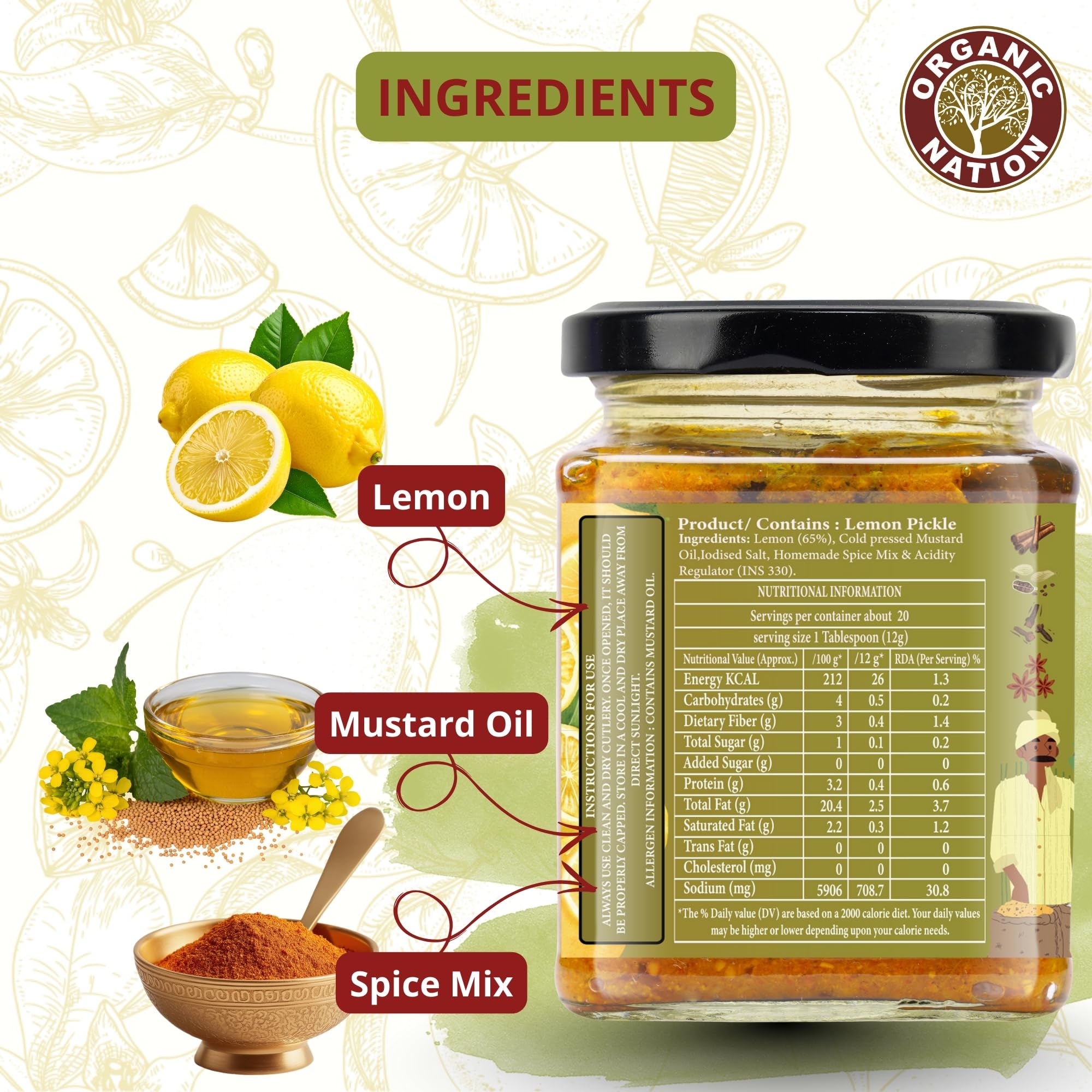 ORGANIC NATION Zesty & Authentic Lemon Pickle | Premium Lemon Achar with Tangy & Spicy Flavour Traditional Nimbu Ka Achar Natural & Preservative-Free 250g Jar Bright Yellow Delight for Every Meal 3