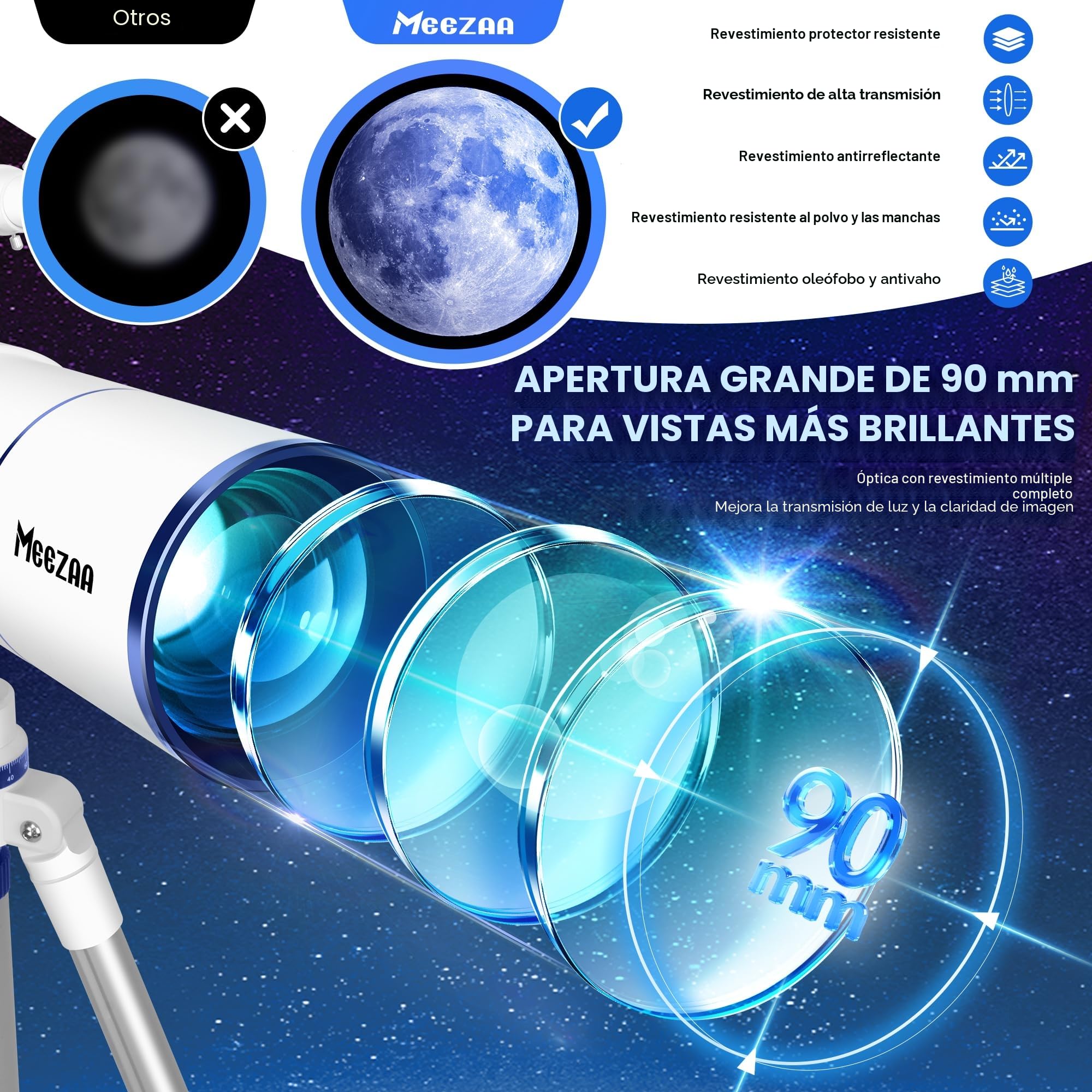 MEEZAA Telescopio, Telescopio Astronómico Adultos Profesional, 90/550mm Telescopios Refractor Portátil para Niños y Principiantes con Trípode, Filtro Lunar, Adaptador de Teléfono y Bolsa de Transporte