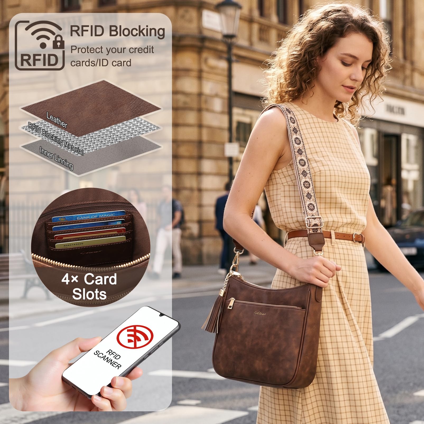 Borsa a tracolla da donna con blocco RFID, antifurto con 3 scomparti, tracolla larga regolabile e rimovibile