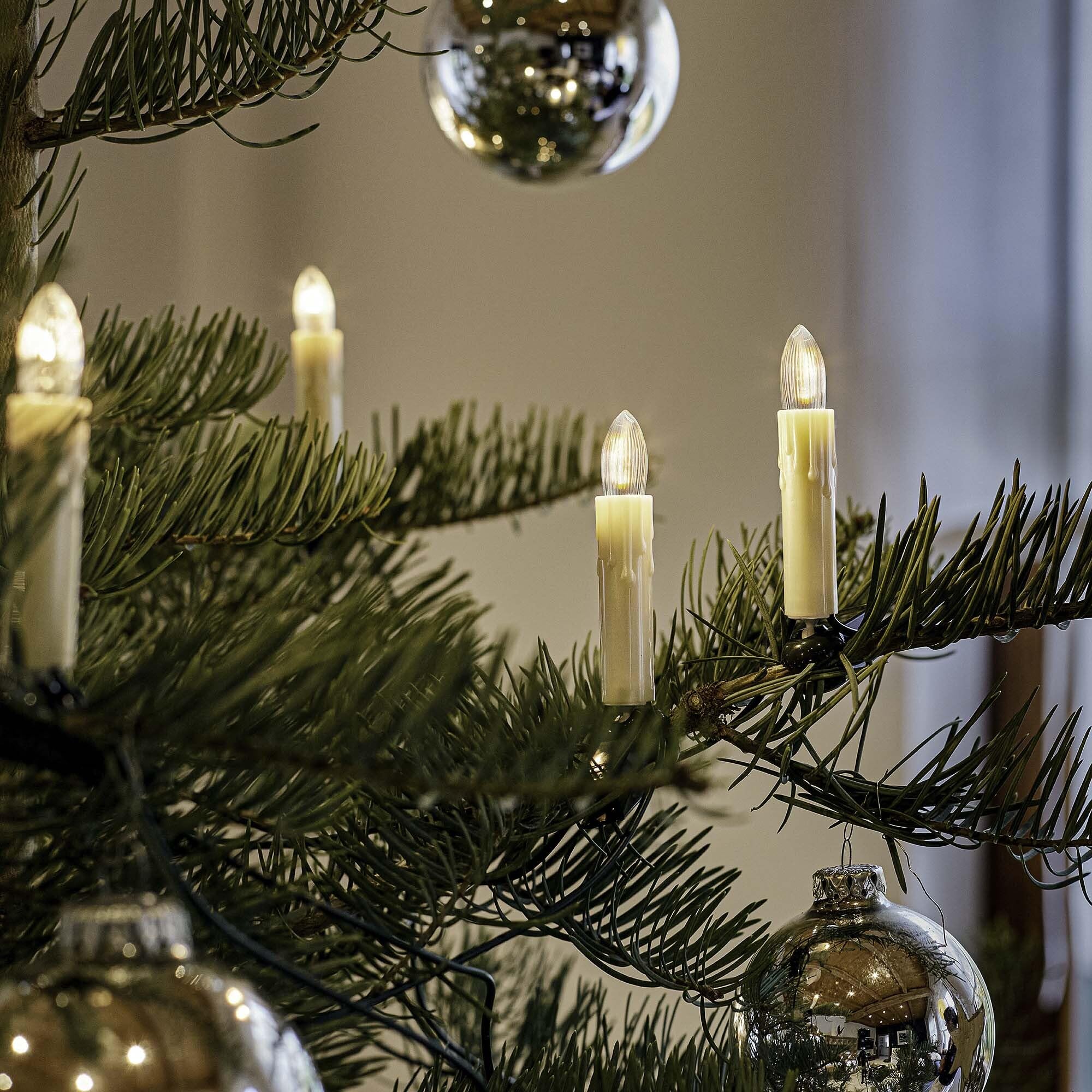 hellum Lichterkette LED-Filament mit Wachstropfen, Made in Germany, Riffelkerzen mit Clip, 20 Lichter, beleuchtete Länge 13,3 m, warmweiß, Schaft perlmutt, für Innen, teilbarer Stecker <59lm 814095