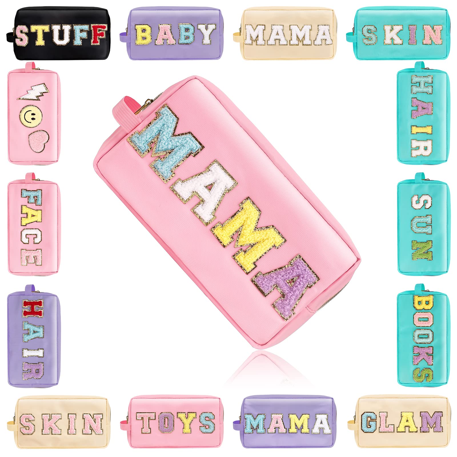 Preppy Makeup Bag with Strap, Nylon Waterproof Travel Toiletry Bag for Women Girl, Preppy Stuff Chenille Letter Patch Cosmetic Pouch with Zipper (Pink, Mama)