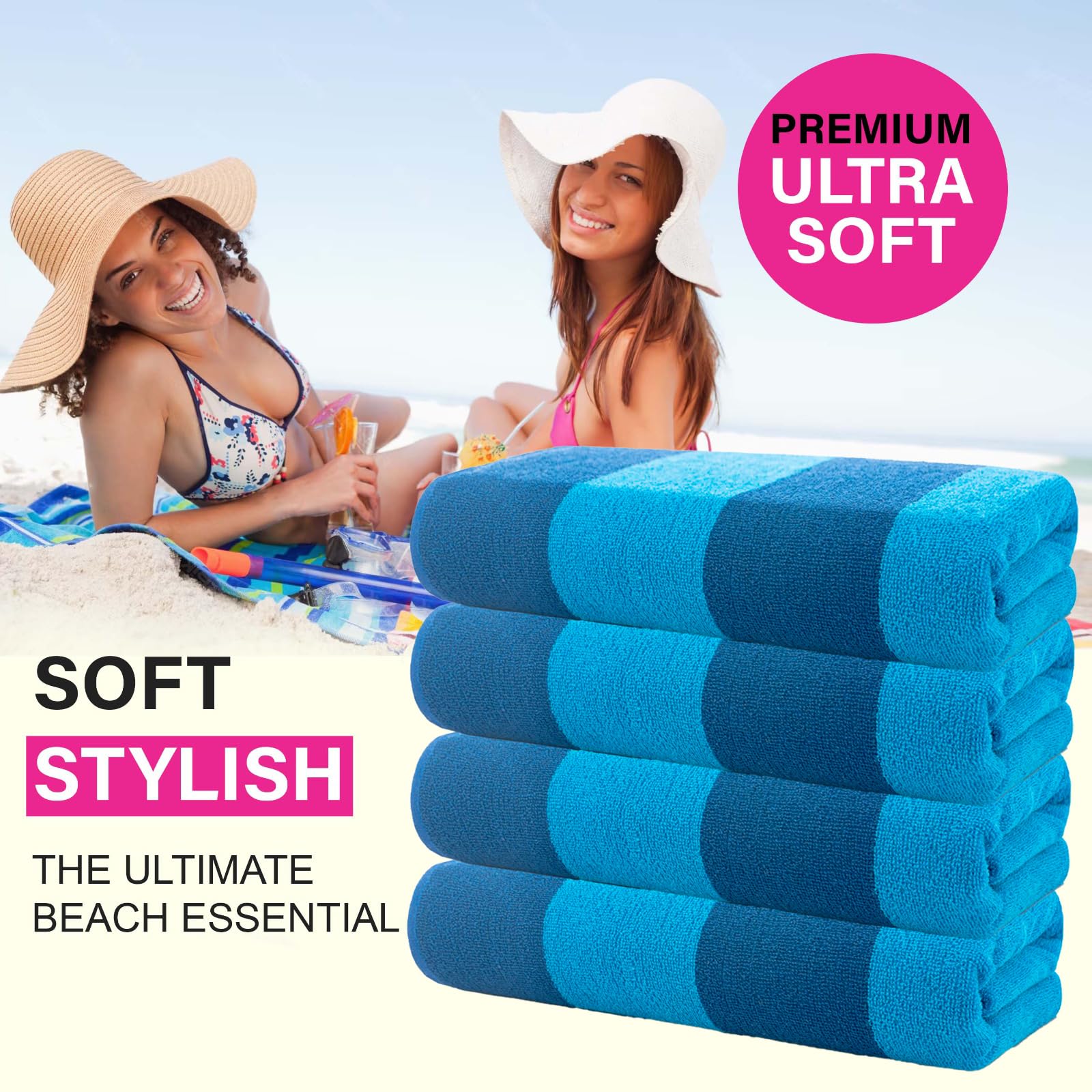 Casa Copenhagen Serviettes de Plage Malibu, conçues au Danemark, Robustes et durables, séchage Rapide, pour la Piscine. Lot de 4 Serviettes de Plage et de Bain en Coton, 76x 152cm. Bleu/Turquoise