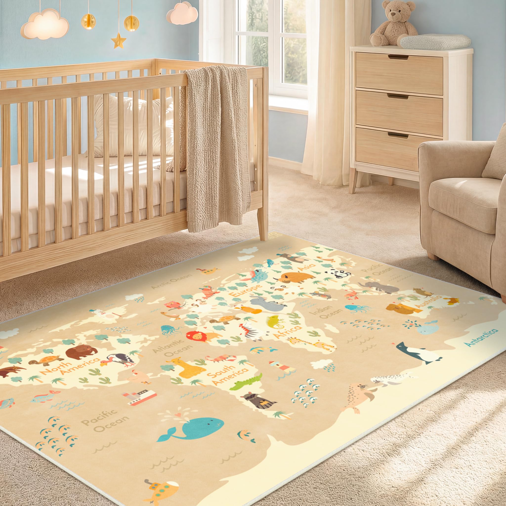 Hazo Haus 3x5 Animal World Map Bedroom Rug for Kids – Soft Educational Area Rug with Cute Animals by Continent, Washable Stain Resistant Nursery Rug - Beige