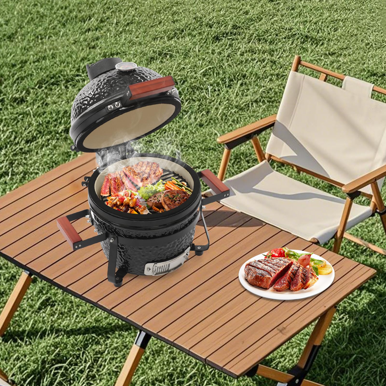 Barbecue in ceramica a carbonella, Ø 32 cm, con termometro, ventilazione e manici in legno, mini barbecue a sfera 2 in 1, per giardino, balcone e campeggio
